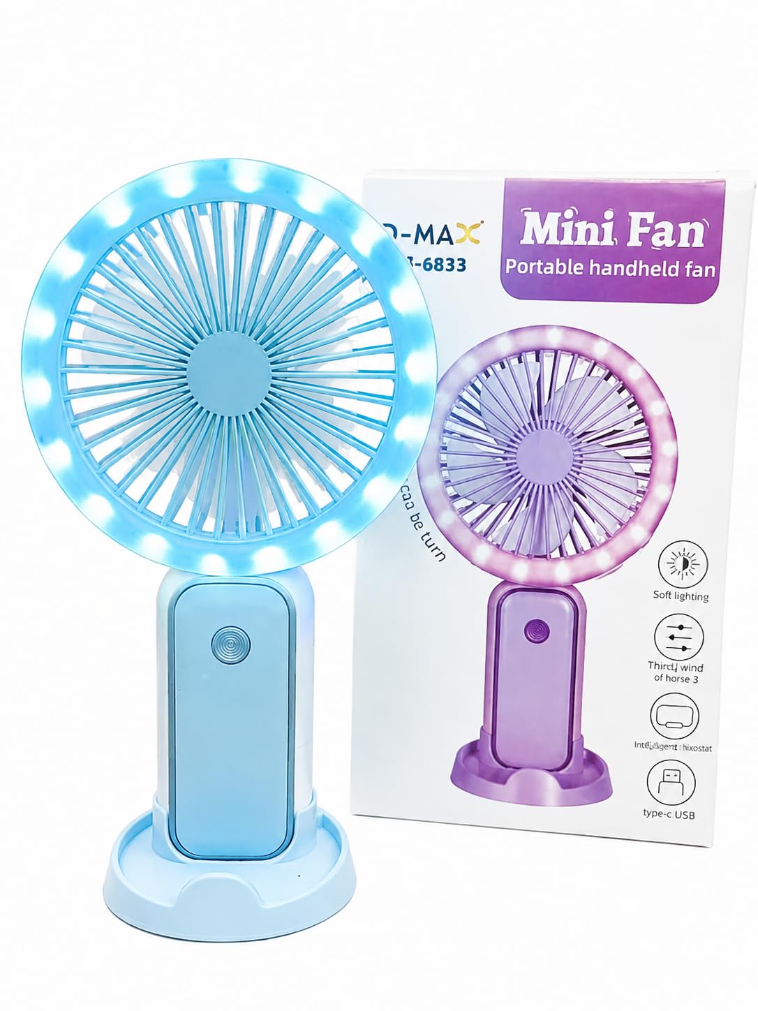 Portable Handheld Mini Fan with LED Light & Mobile Phone Stand | USB Type-C Rechargeable | 3 Speed Settings | Strong Airflow | Desk & Travel Fan-image-25
