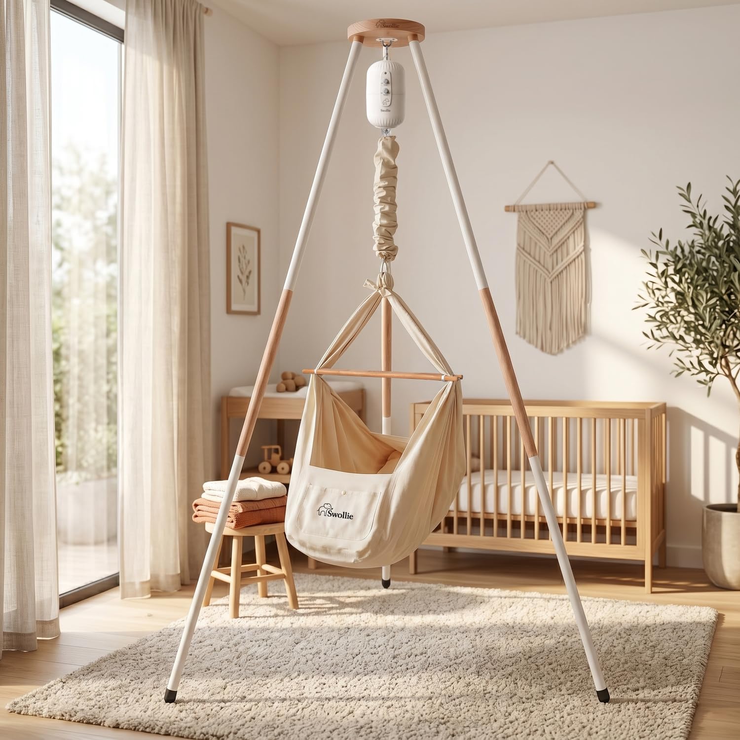 Premium Baby Federwiege mit Motor und Tipi - Federwiegen-Komplettset - Bio-Baumwolle und Matratze aus Schafwolle - ab Geburt bis 15 Kg - Babywiege