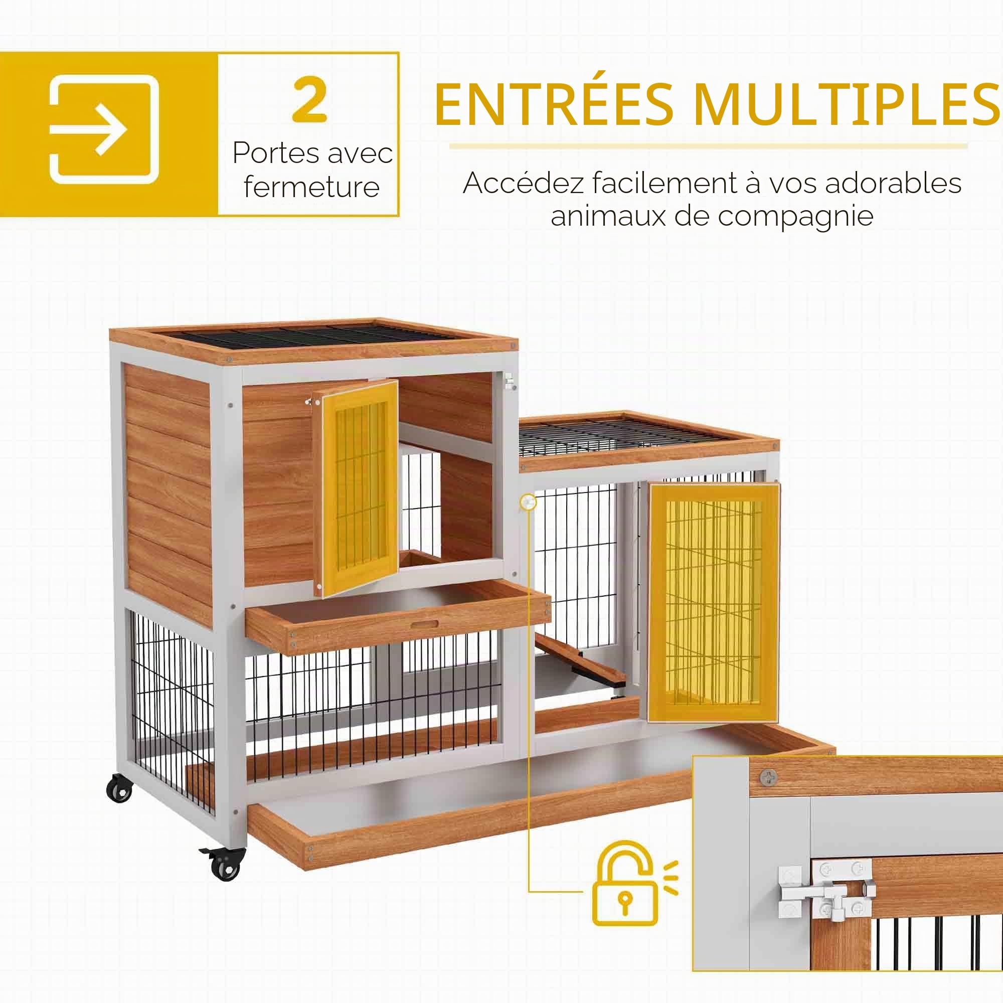PawHut Cage en bois pour lapins à 2 niveaux avec roues, portes, rampe d’ouverture et 2 plateaux amovibles, clapier pour intérieur 110x50x88 cm naturel et blanc