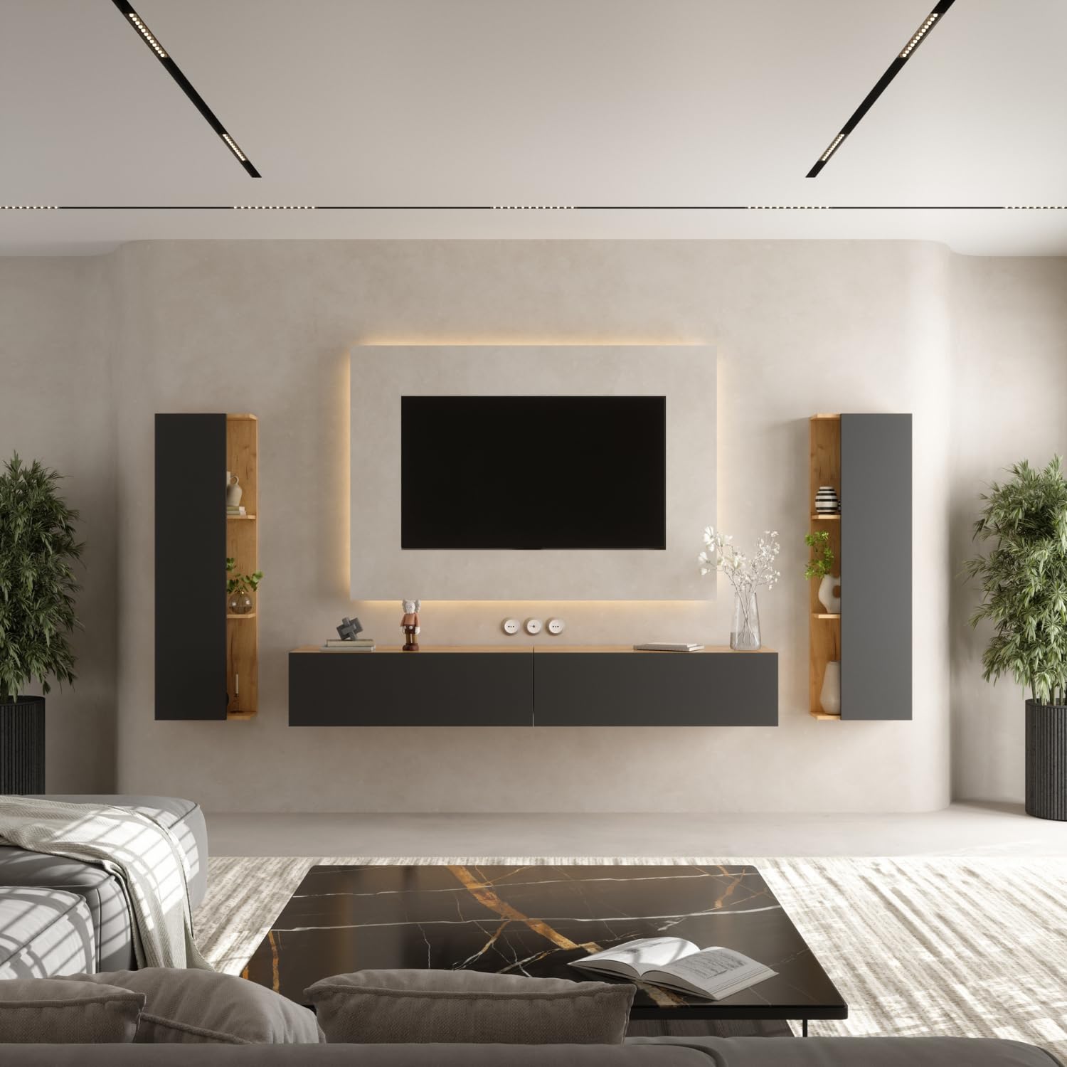 Planetmöbel TV Wohnwand Wohnzimmer 2X 100 cm Gold Eiche/Anthrazit, mit 2X 40cm Seitenschränken Gold Eiche/Anthrazit