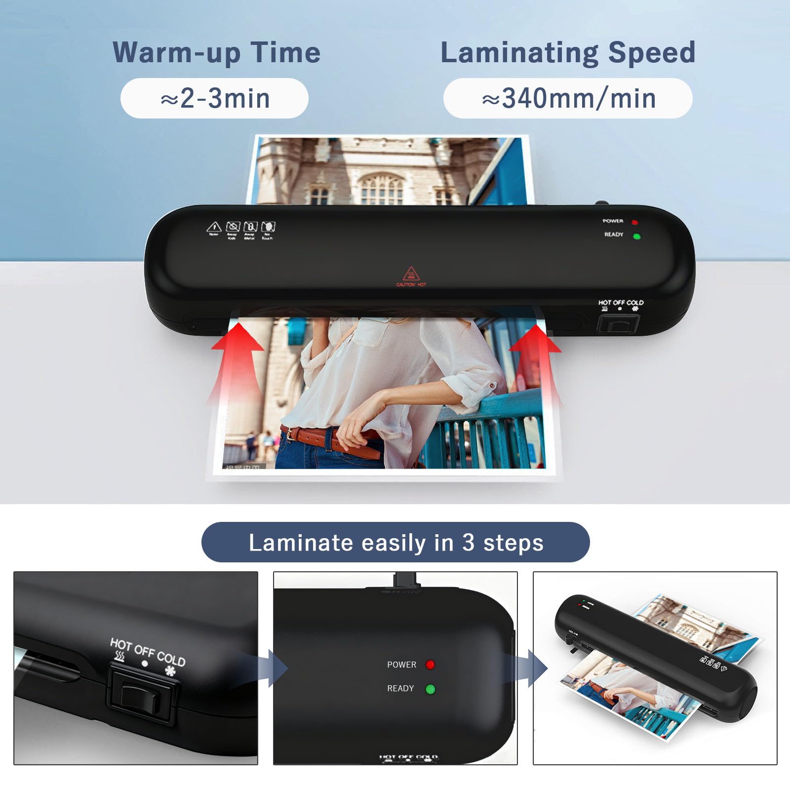 A4 Laminator Machine, 9 inch Thermal and Cold Laminators with 15 Laminating Pouches, Portable Laminator No Bubble for Home/Office/School use (Black) - Image 2