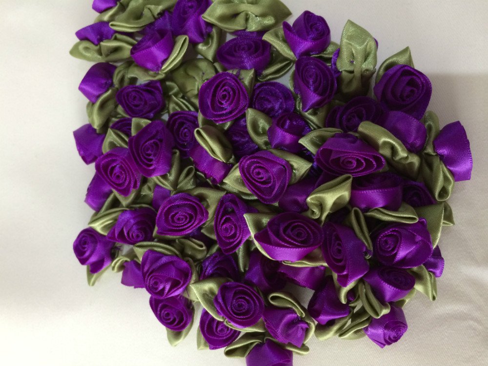 Purple Large Satin Ribbon Roses Buds Embellishments - 20 per pkt