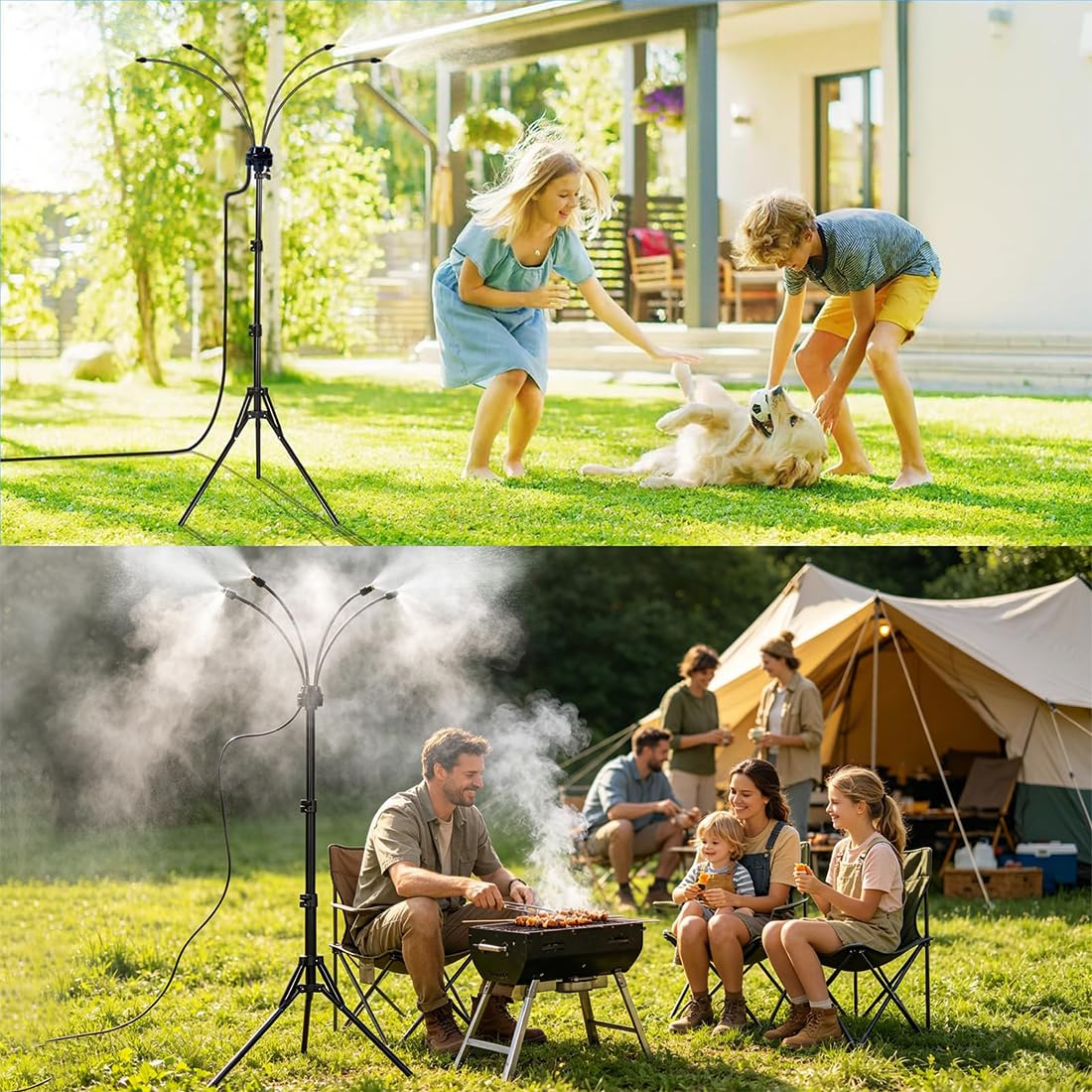 Sistema di Nebulizzazione da Esterno con Treppiede Regolabile, Nebbia Fine per Patio, Giardino, Barbecue e Piscina, Ugelli in Ottone Orientabili a 360° (A)