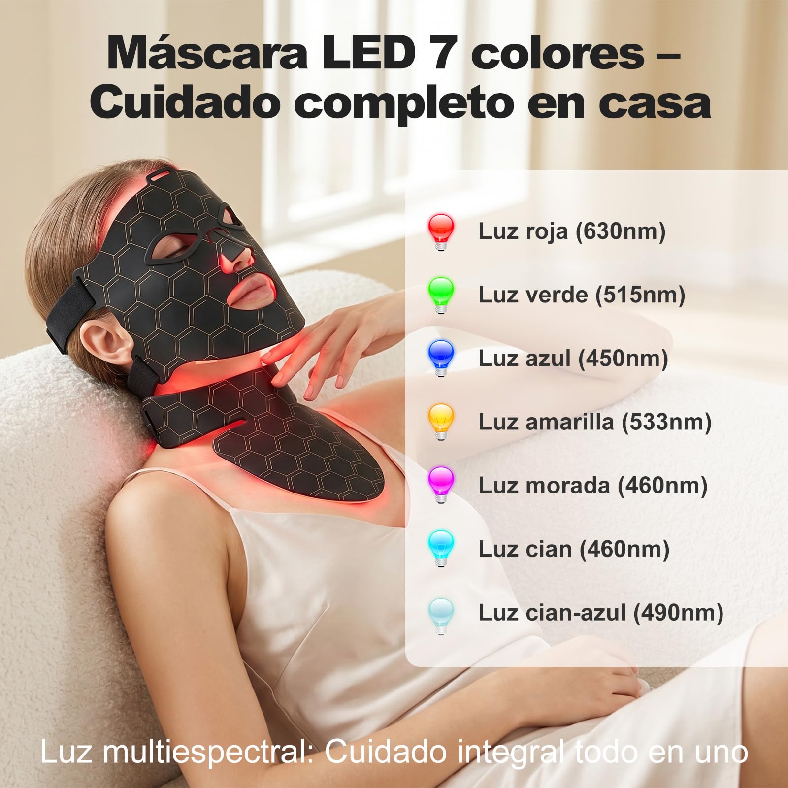 MáScara Led Para Rostro Y Cuello, 7 Colores, 157 Led, Luz Roja