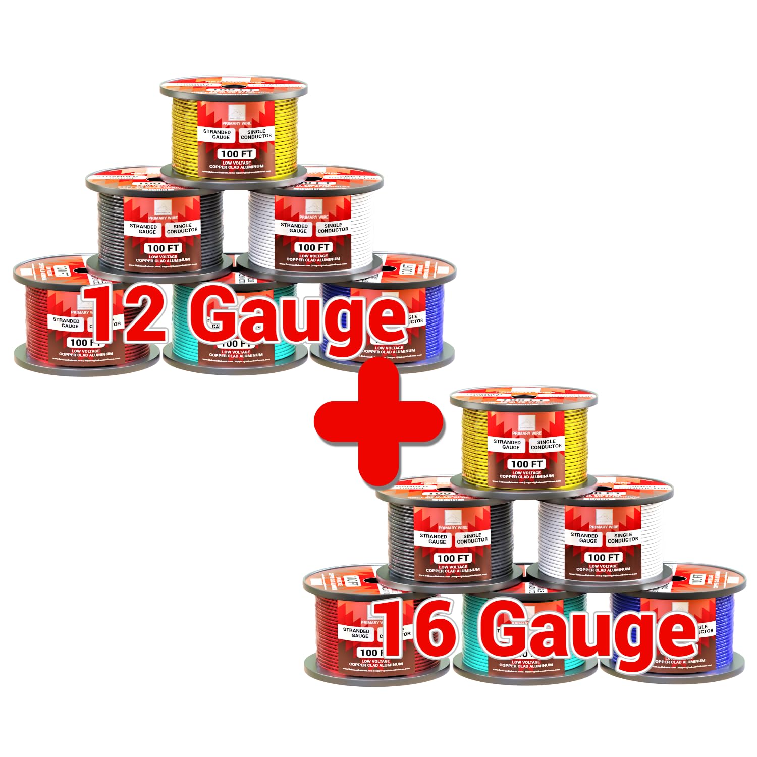 12 Gauge and 16 Gauge Wire Combo - 16ga is 6 Pack 100' per Roll. (Total 600 ft) - 12ga is 6 Pack 100' per Spool (Total 600 ft) - Copper Clad Aluminum