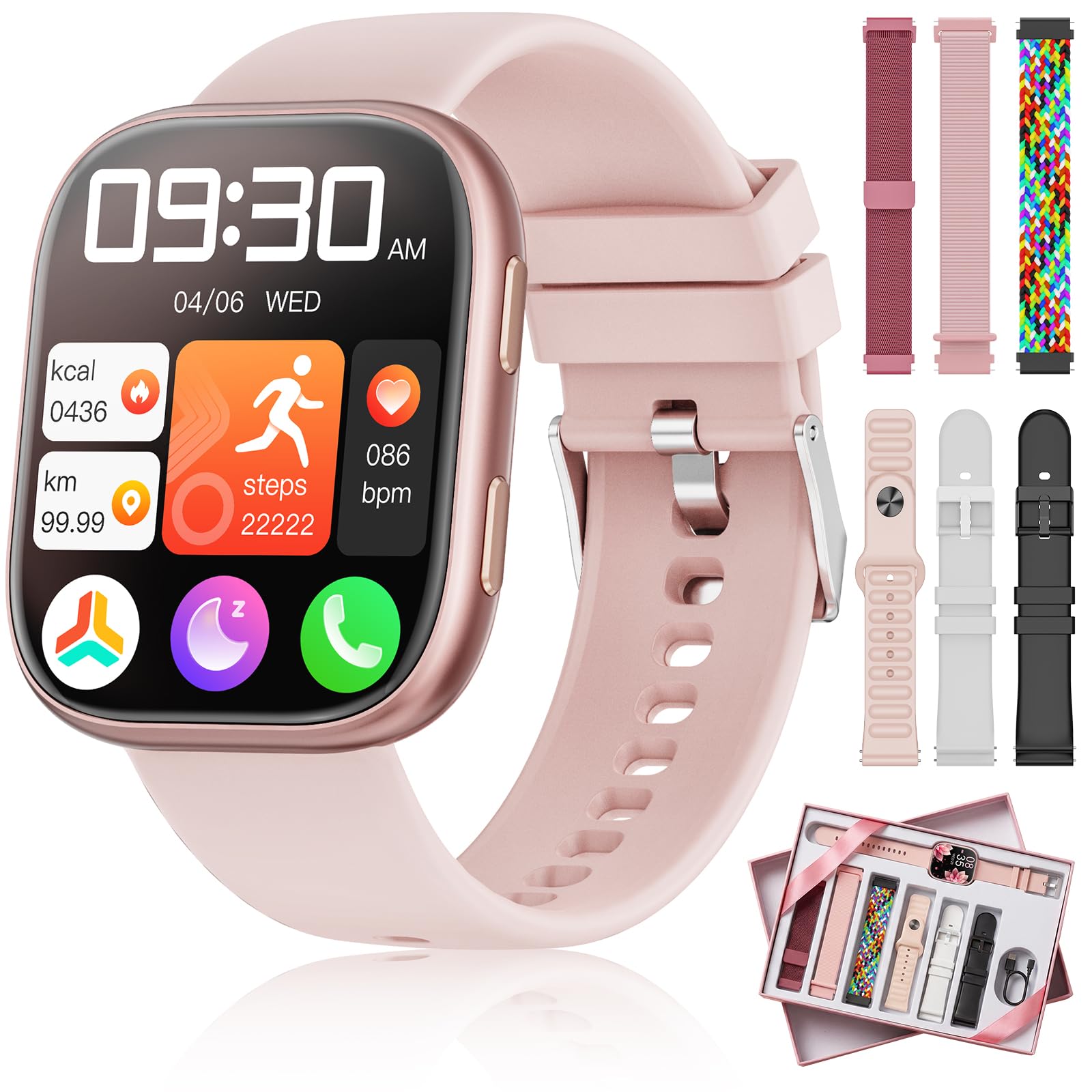Smartwatch Damen Herren mit 7 Armbänder & Geschenkbox, 1.83" HD Smartwatch mit Bluetooth-Anruf, Fitness Tracker mit Pulsmesser Schlafmonitor Schrittzähler, IP68 Wasserdicht, 100+Sportmodi Rosa