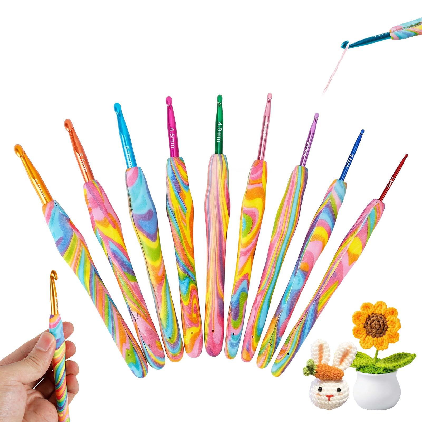 9Pcs Crochet Hooks Set, Ergonomic Soft Grip Crochet Needles with Colorful Printed Handles, 2.0mm-6.0mm Aluminum Crochets Hooks for Arthritic Hands, Comfortable Knitting Needles for Beginners Crochetet
