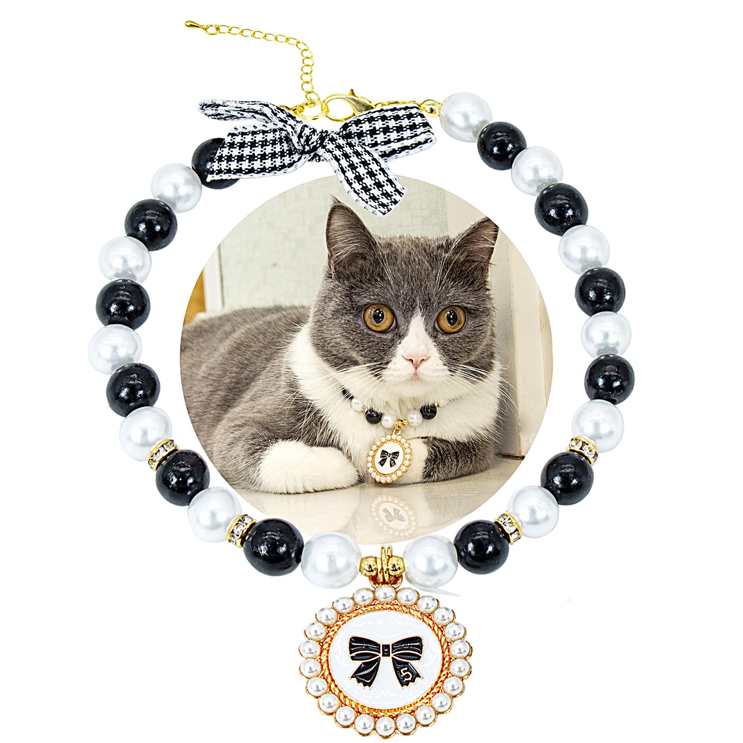 SM4BED Dog Cat Collar Pearl Necklace, White and Black Beads with Cute Bowknot Pendant and Golden Beads, Adjustable Puppy Jewelry for Small Medium Pet, M 11IN