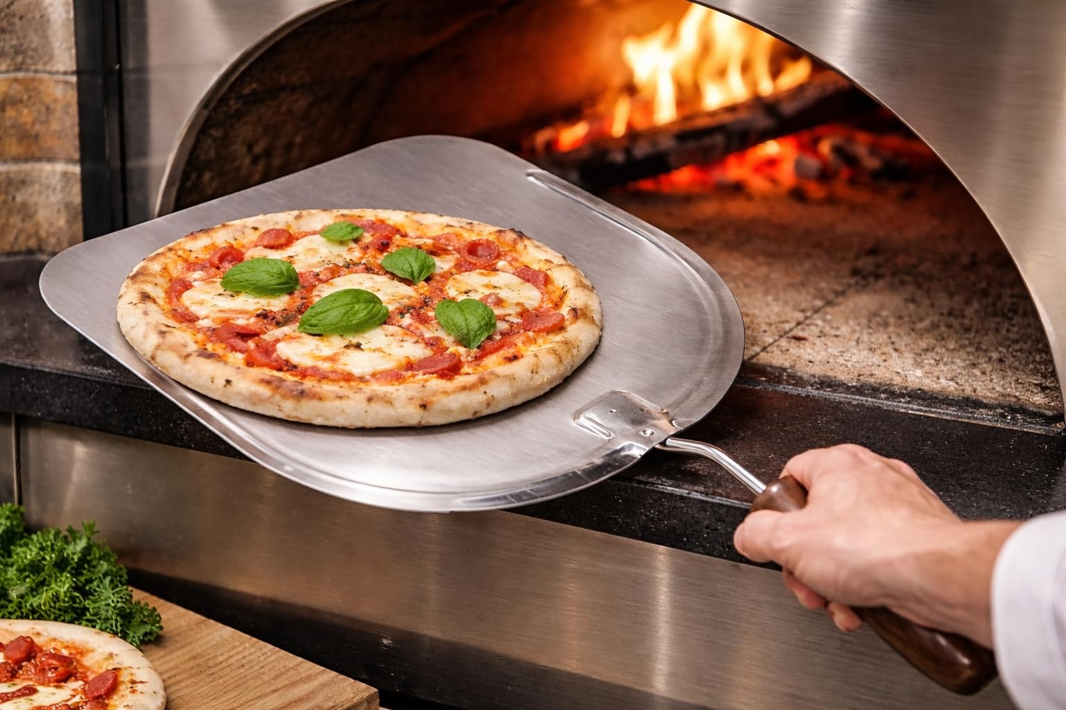 Pala per Pizza in Acciaio Inox, 30x33 cm, Manico Corto in Legno, per Forni a Legna, Made In Italy