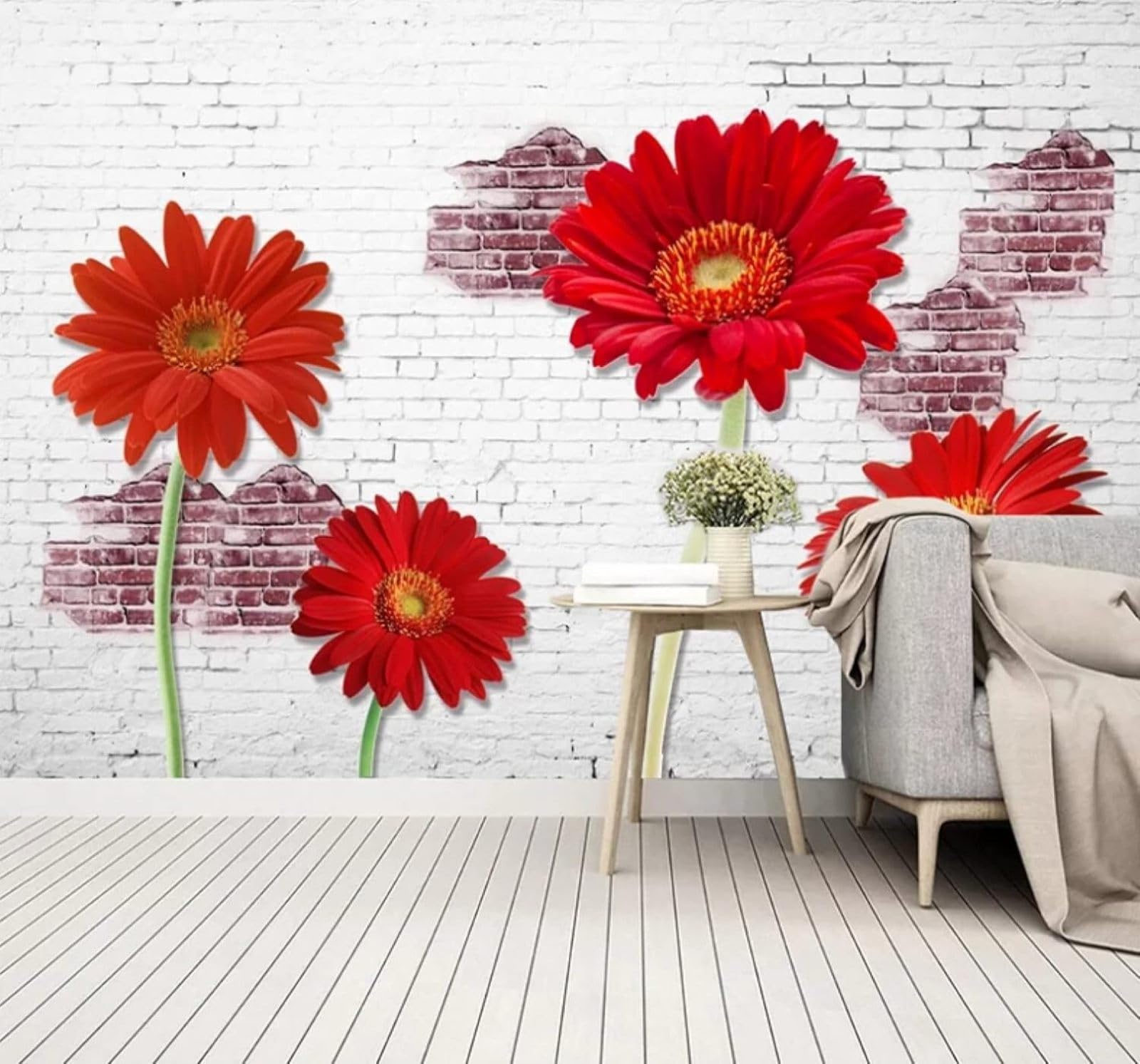 Xlming 150Cm×105Cm(B×H) White Brick Wall Three Dimensional Red Flowers 3D Wallpaper Luxury Silk Study Dining Feature Sofa Grey Bedroom Living Room Tv Decorative Wall-150Cm×105Cm