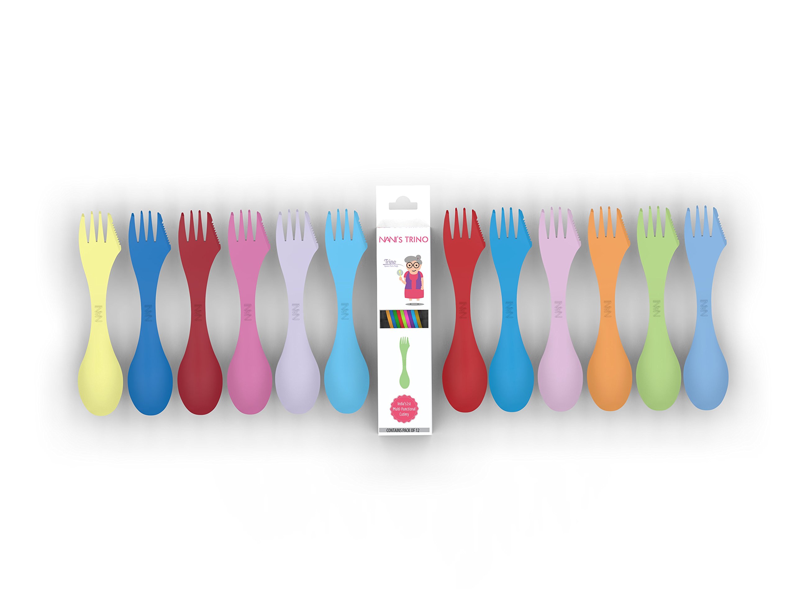 Nani's Trino (Spoon, Fork and Knife Set), India's 1 st Multifunctional Cutlery, Spork, Tableware, Dinnerware & Kitchenware Accessories (Pack of 12) (Multicolor) (Big Size)