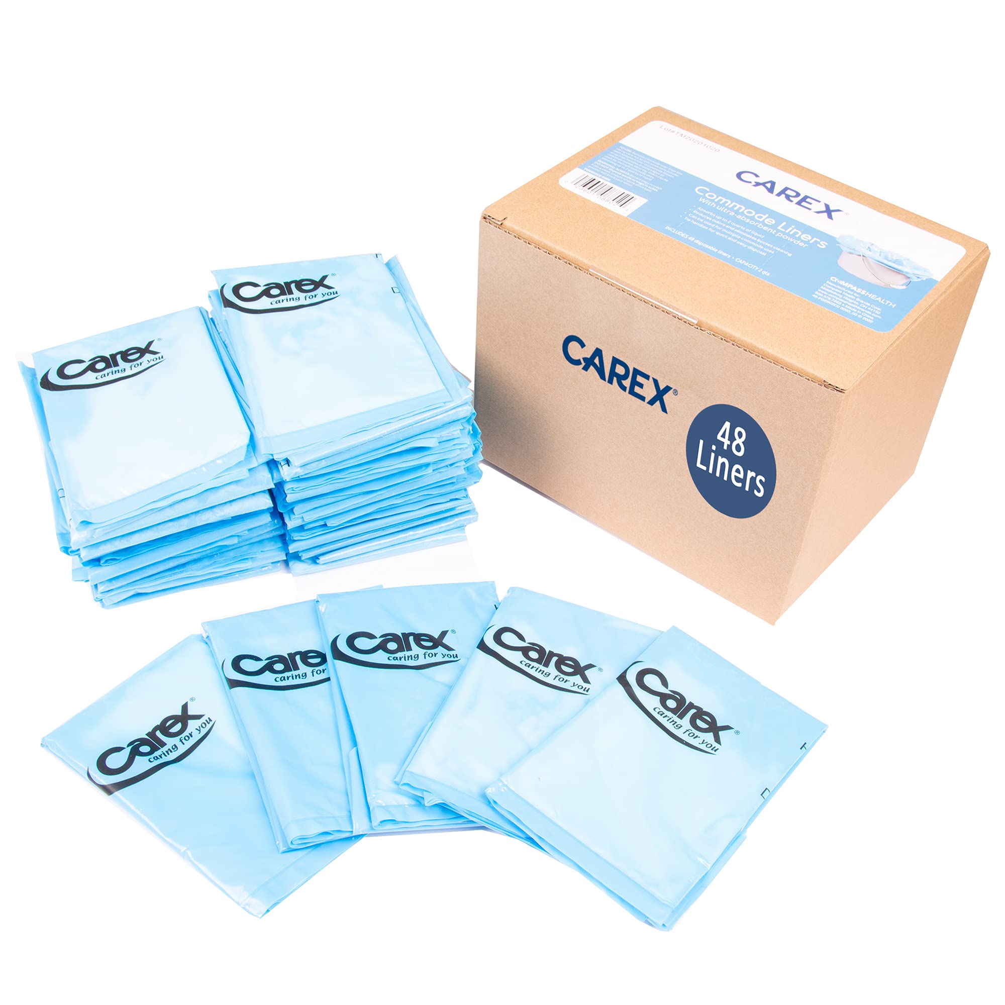 CarexPremium Commode Liners 48 Pack, Leak Proof - Fits Most Commodes, with Absorbent Powder, Holds 2 Quarts Liquid, Disposable