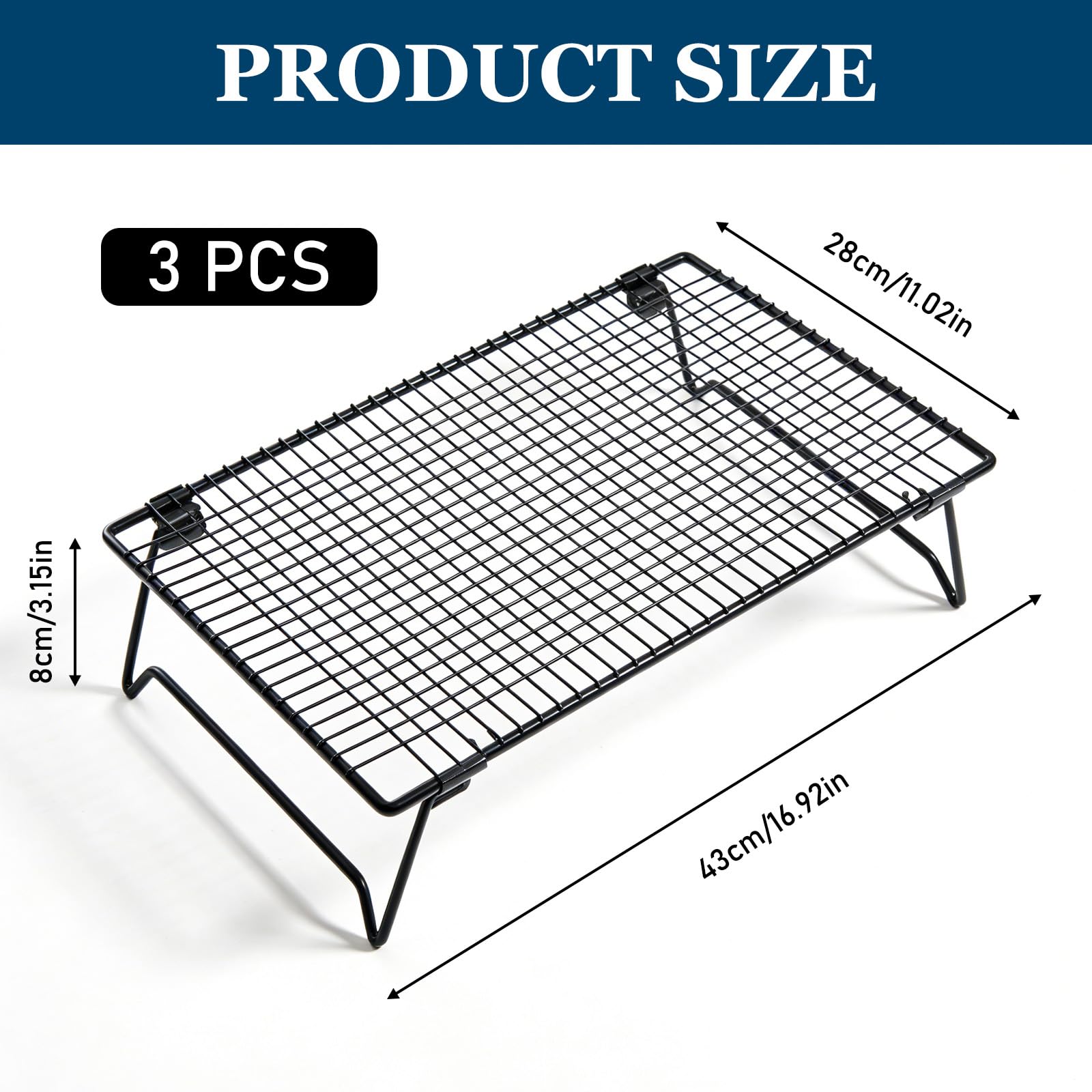 Grille de Refroidissement Patisserie 3 Niveaux Acier Carbone Antiadhésive 43x28x8cm Pliable Empilable