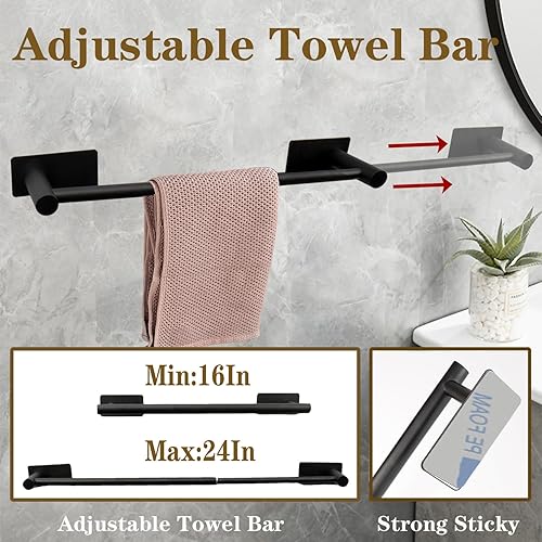 Miniatura 4 de Juego de 5 piezas de accesorios de baño autoadhesivos, juego de toalleros de acero inoxidable que incluye barra de toalla de baño ajustable de 24