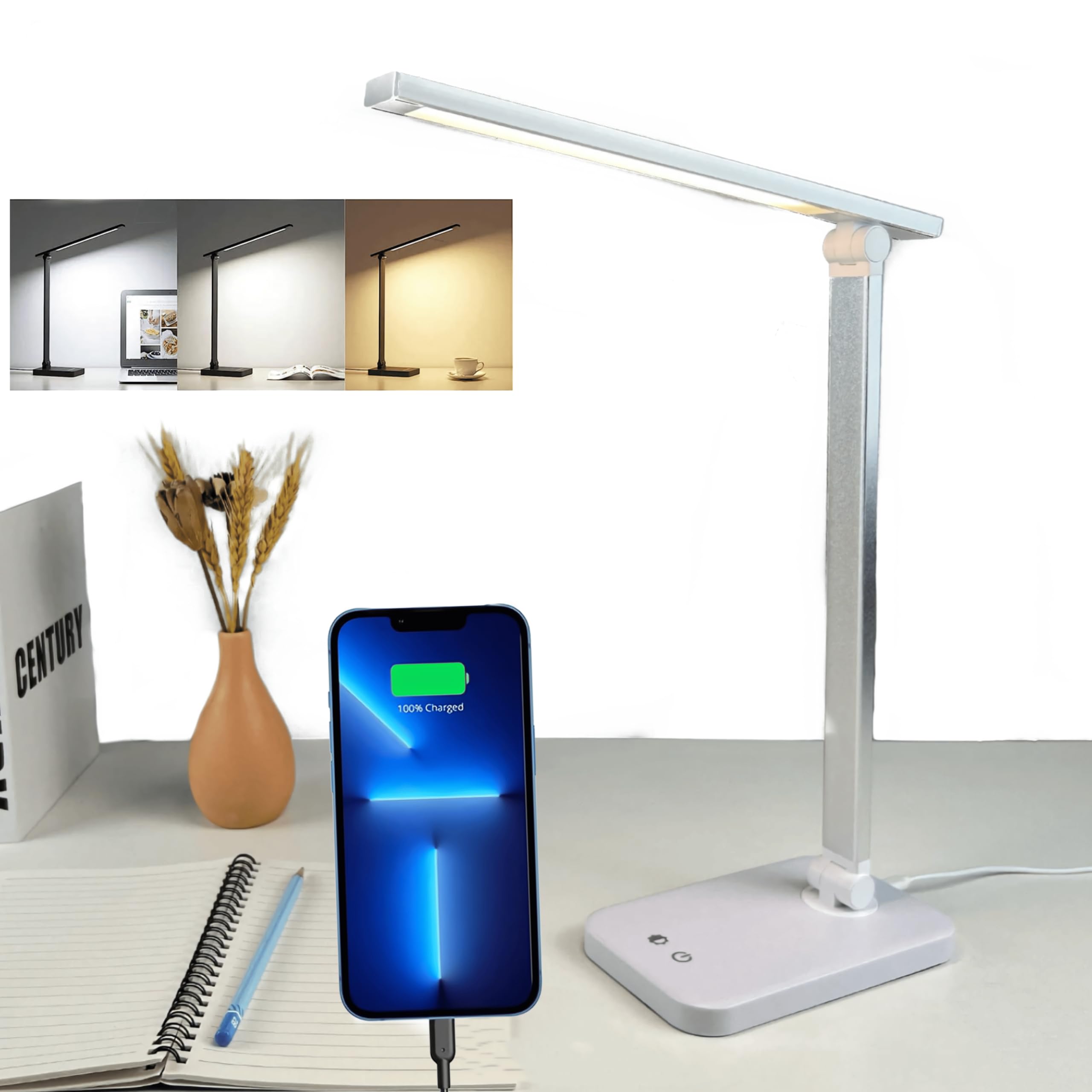 TOVARIN Lampara Escritorio- Flexo led de 3 Modos Brillo Regulable- Flexo Plegable Control- Lampara Mesita Noche Lectura para Estudio Oficina Luz Nocturna (PLATA)