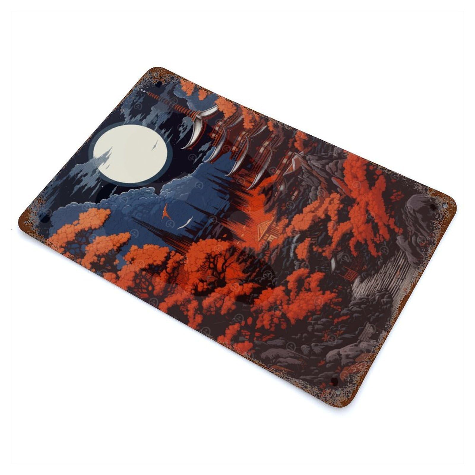 Japanese Moonlit Serenity Rusty Metal Tin Sign 11.8"x7.9", for Patio, Garden Room And Bar Decor, Old School Wall Decor