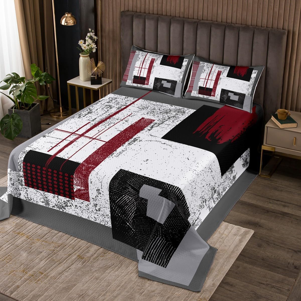 Erosebridal Abstract Ombre Bedspread Set King,Grey White Black Red Coverlet Set Vintage Lines Striped Quilt Set,Geometric Quilted Grunge Oil Painting Watercolor Graffiti Decor