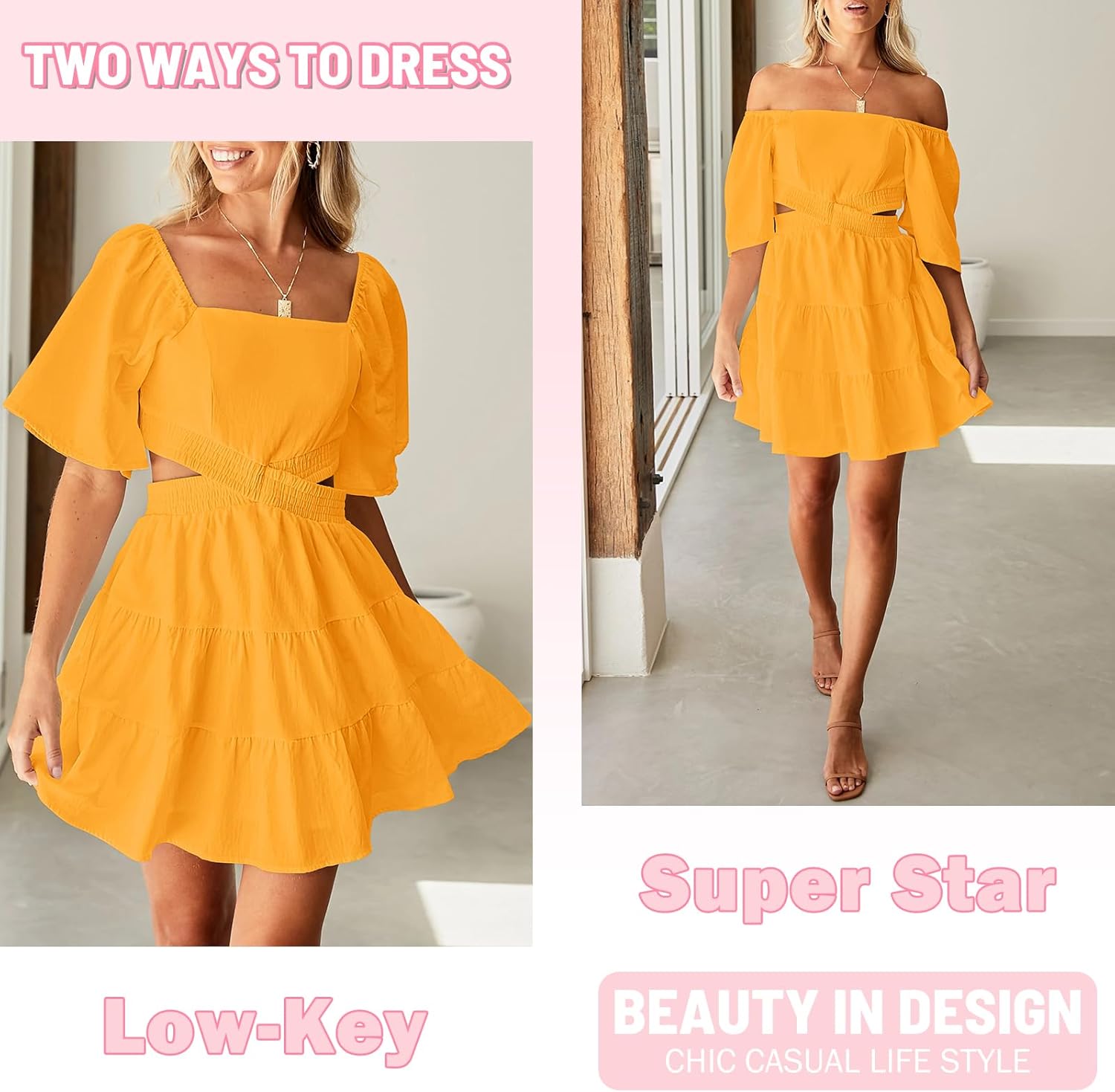 Senllen Womens Summer Dresses 2025 Short-Sleeve Square Neck Mini Dress Crossover Elastic Waist Casual Party Tiered Dress - Image 4