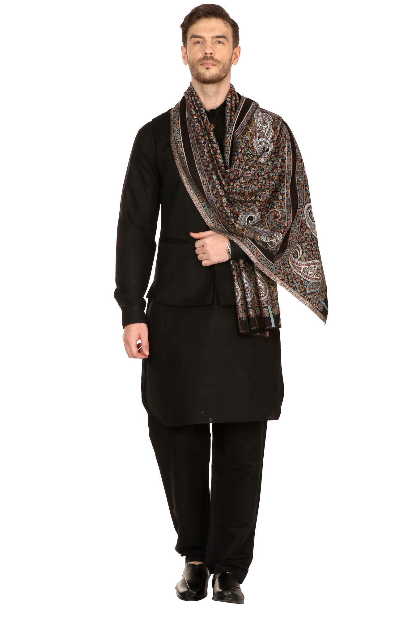 Pashtush Mens extra soft Bamboo self fine classic Kaani Stole (Rich Black) 1