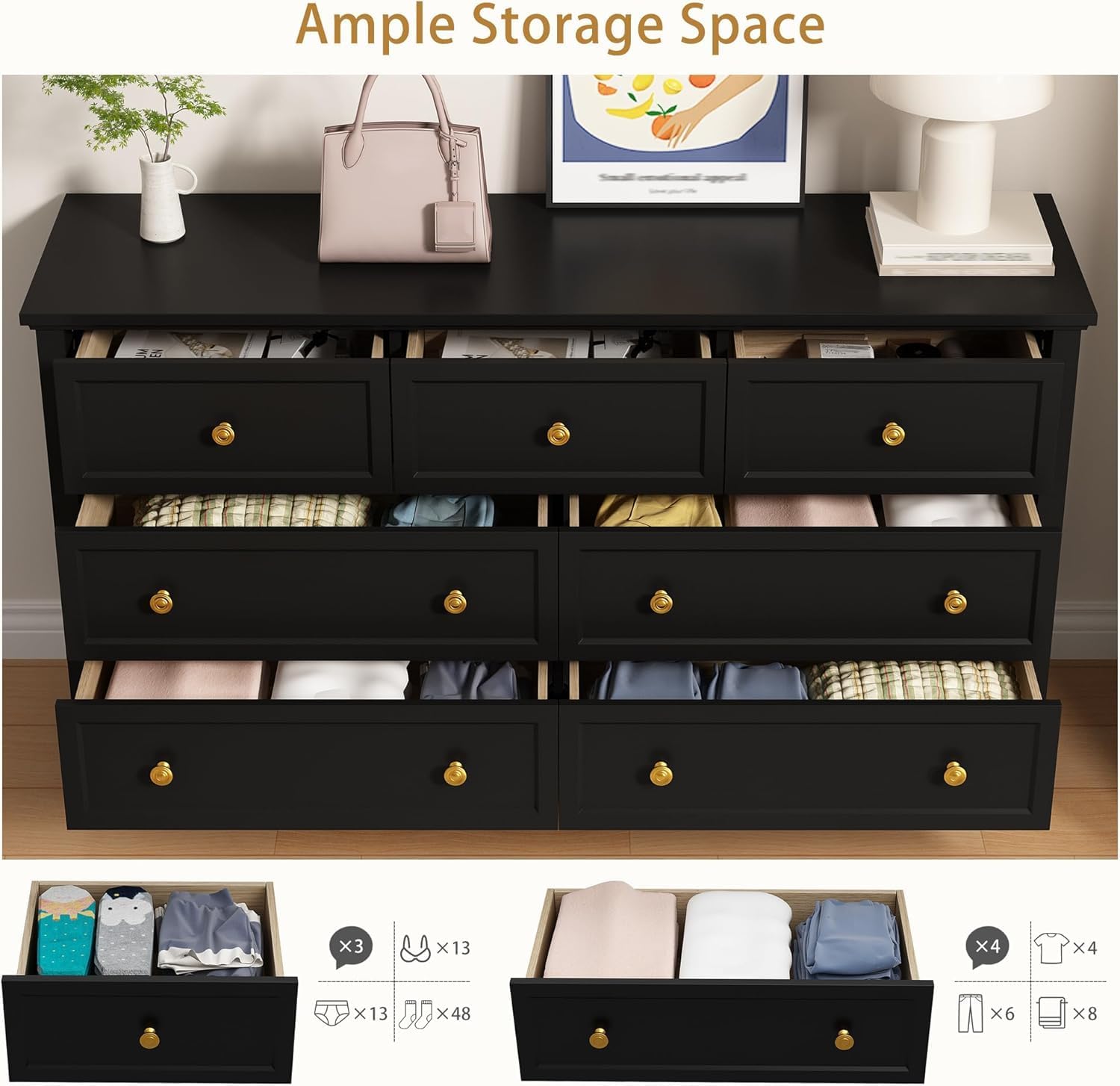 LYNSOM Black Dresser for Bedroom with 7 Drawers, Modern Wide Chest of Storage Drawer with Gold Handles, TV Stand Dresser, Wood Dressers for Bedroom, Living Room, Hallway, Entryway, 55’’