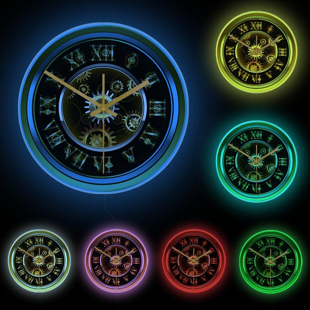Geek Alerts Clockwork Steam Punk Modern LED Silent Wall Clock with USB Multi Color Changing Light Roman Numerals Gold Gear 12" Acrylic Print Hanging