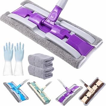 Microfiber Mop Flat Hook, Telescopic Flat Floor Mops with 360 Degree Handle, Reusable Wet & Dry Clamp Cleaning Mops, for Home Kitchen and All Floor Surfaces