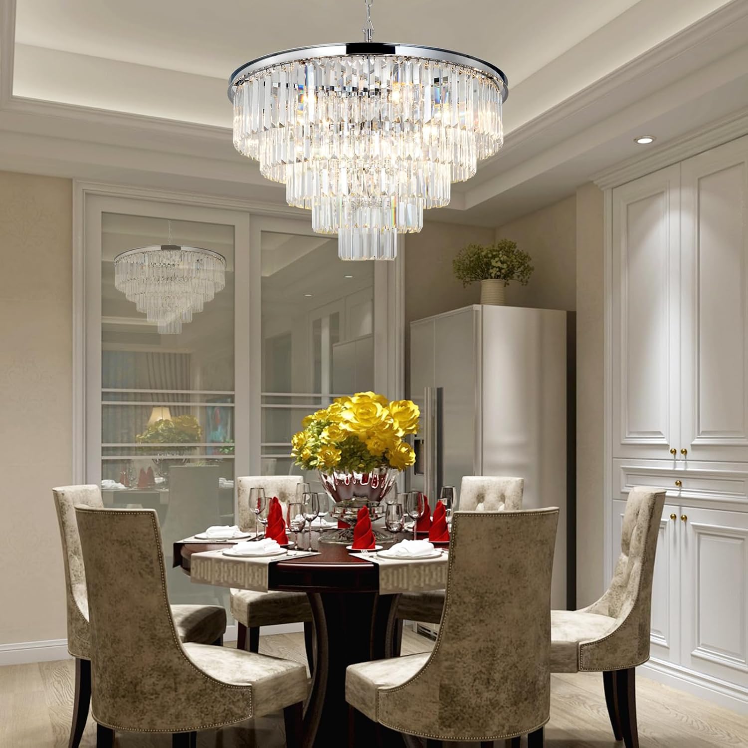 W31.5 Polished Chrome Chandeliers Modern Large Crystal Chandeliers for Dining Room Bedroom Entryway Chandelier Light Fixture Contemporary Round Pendant Ceiling Lights 5-Tier 16-Light