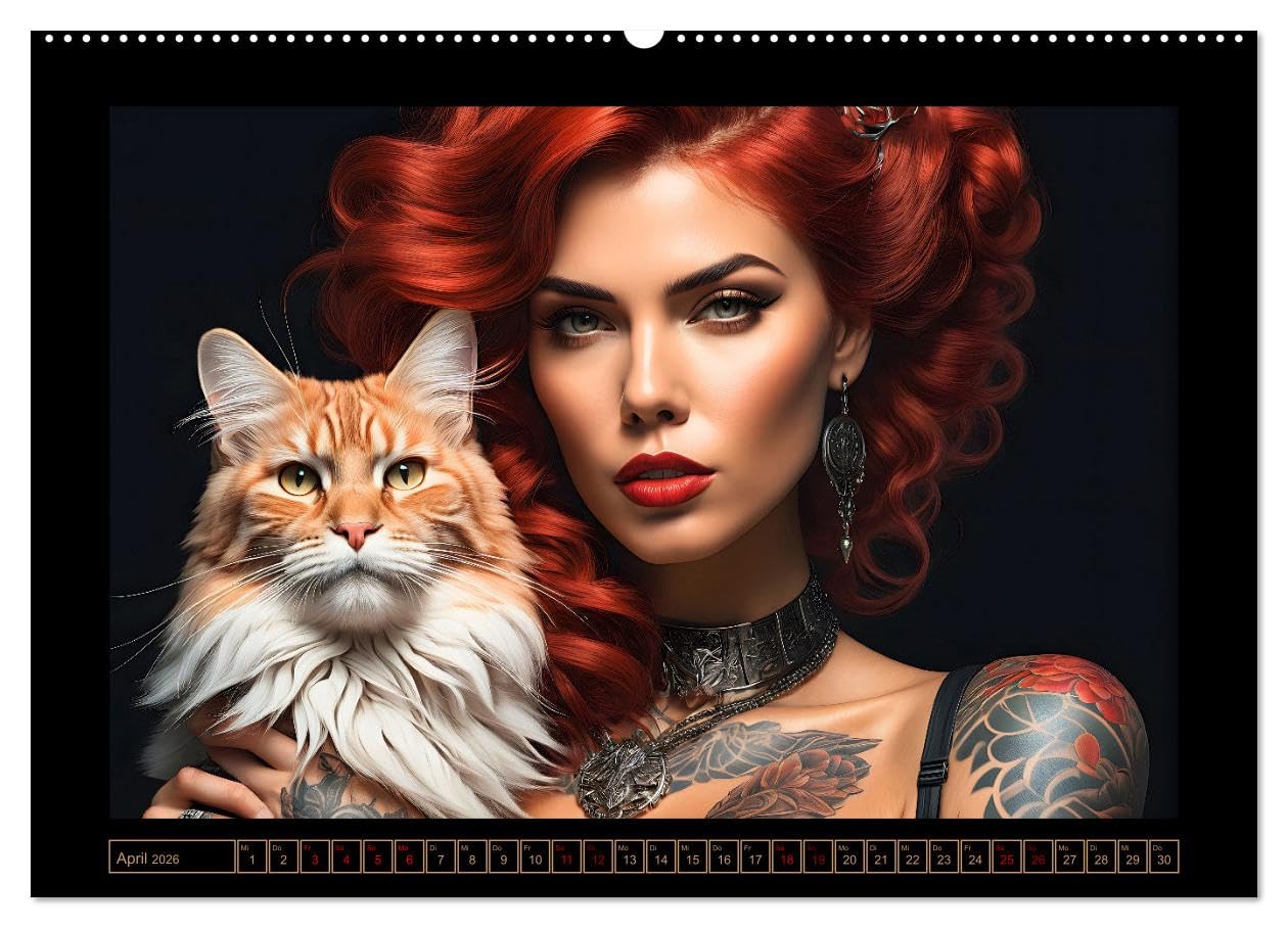 Geheimnisvolle Katzenfrauen (hochwertiger Premium Wandkalender 2026 DIN A2 quer), Kunstdruck in Hochglanz: Zauberhafte Porträts anmutiger Samtpfoten ... verführerischen Gefährtinnen (CALVENDO Tiere)