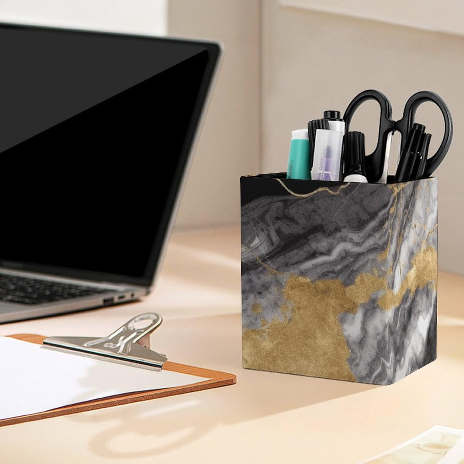 Black White Gold Foil Marble Leather Pen Holder Desk, Pencil Cup Makeup Brush Holder Desktop Organizer Storage Case Stationery for Home Office Supplies image 5