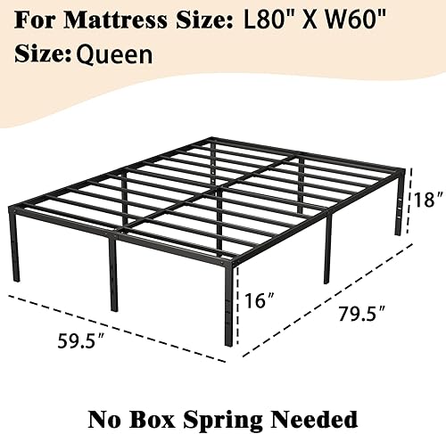Miniatura 2 de Marco de cama de 18 pulgadas de alto, tamaño Queen, soporte de acero resistente, 2500 libras, marco de cama Queen de metal, no necesita somier,