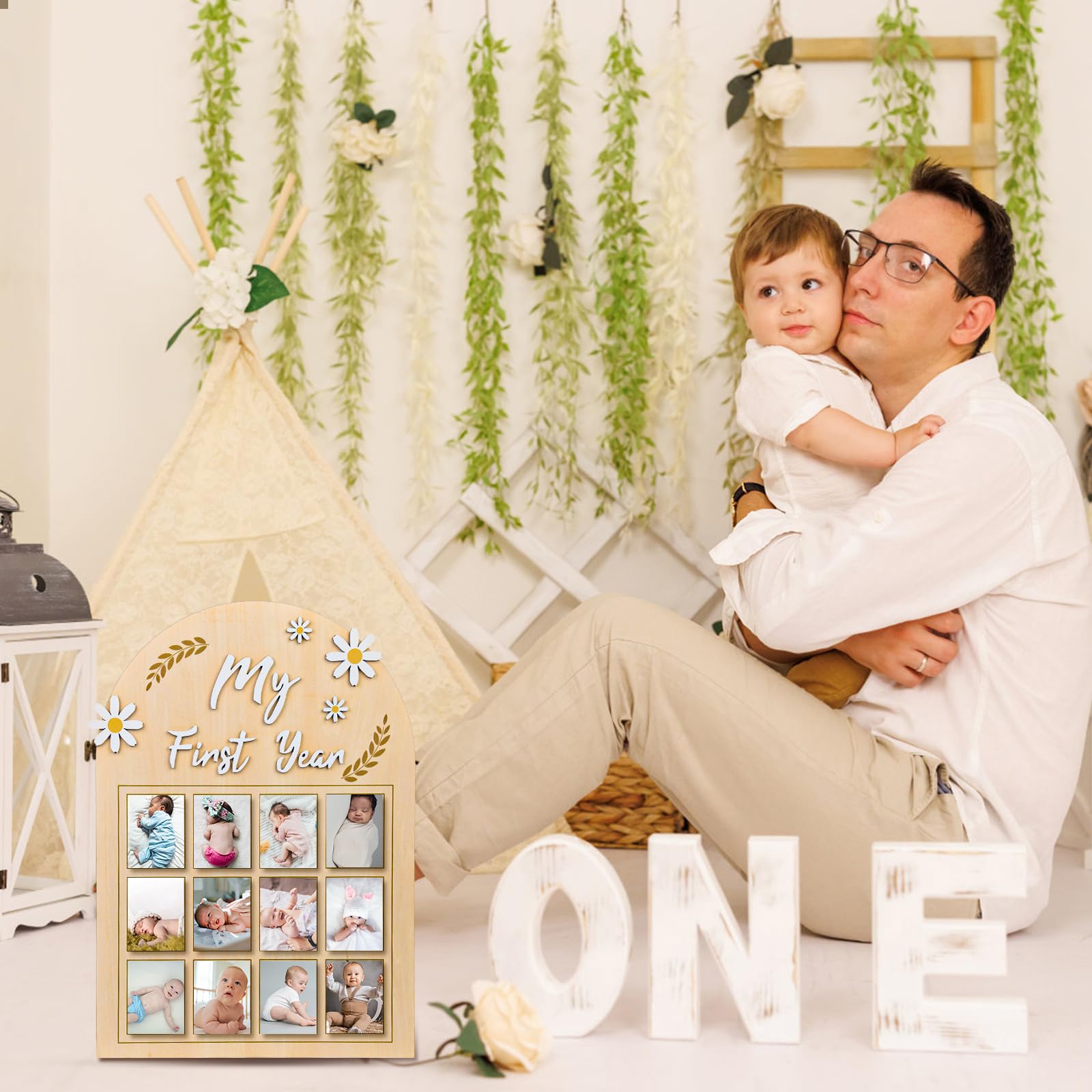 NQEUEPN Cadre Photo ma Première Année, Fleur Marguerite 3D Affichage Photo de Première Année Bébé Bannière Photo Mensuelle Planche Bois 12 Mois Cadeau pour Nouveau-Né Souvenirs du 1er Anniversaire