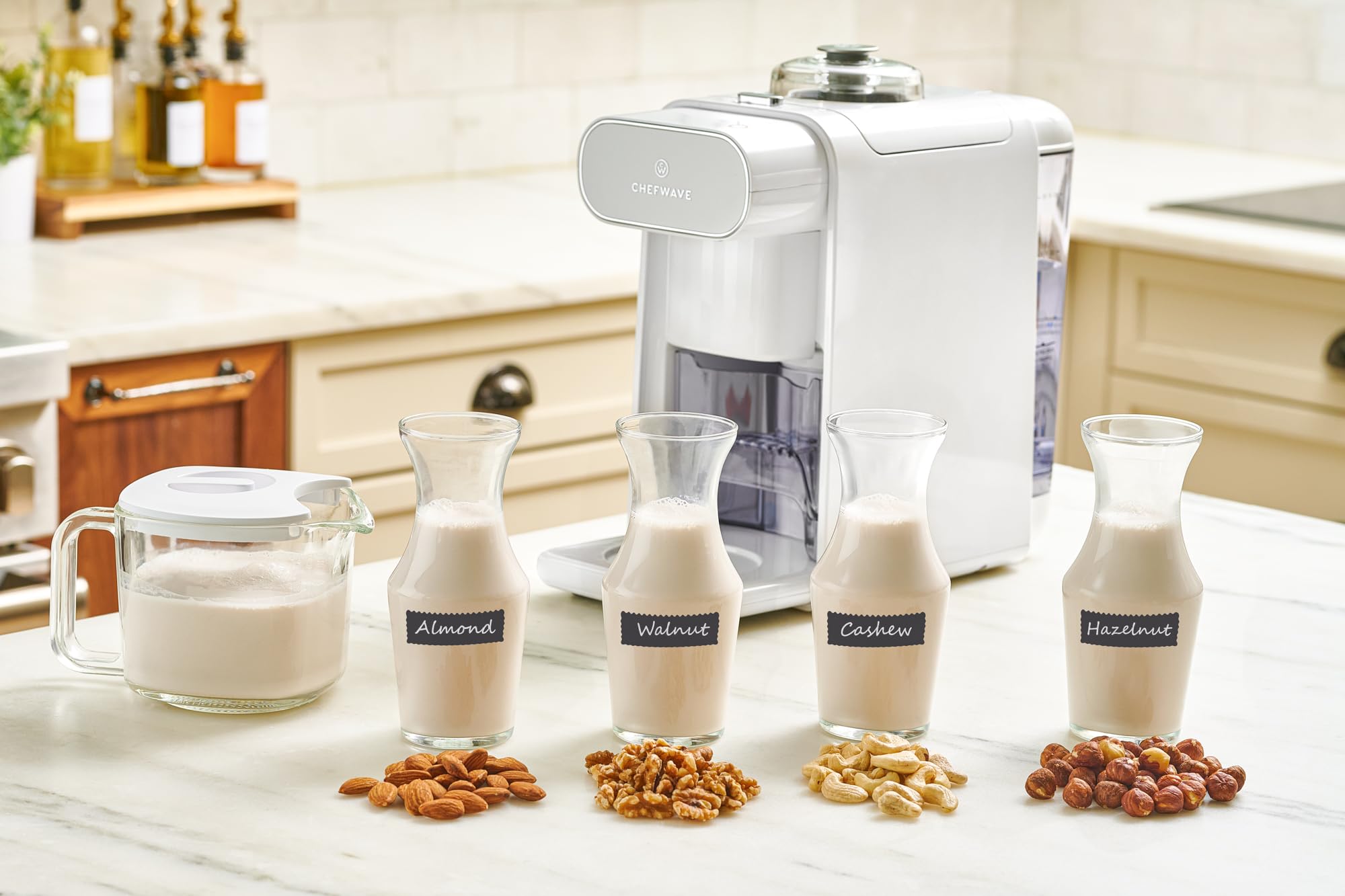 ChefWave Milchmade Dairy Alternative Vegan Nussmilchmacher Maschine Milchmaschine Mandelmilch Sojamilch Hafermilch Cashewmilch Kokosmilch Macadamia Milch, Verzögerungsstart, Rezeptbuch