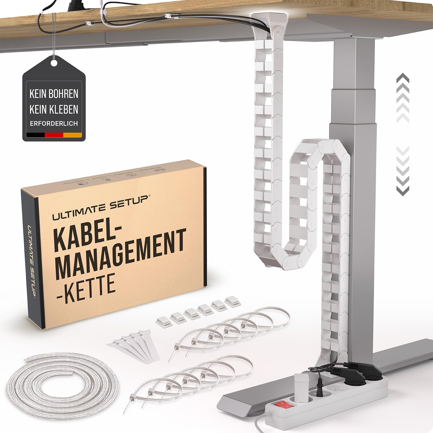 Kabelführung Schreibtisch, Flexibel anbringbare Kabelschlange, Robuste Kabelkette, Flexibler Kabelkanal für ideales Schreibtisch Kabelmanagement und für höhenverstellbare Schreibtische (Weiß)