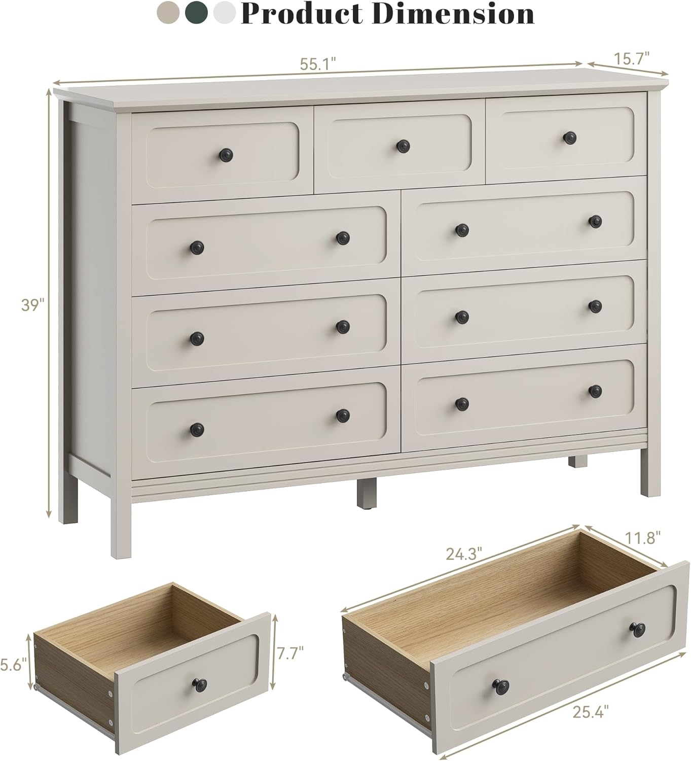 CARPETNAL Beige Dresser for Bedroom, 55" Wide 9 Drawer Dresser with Metal Handles and Deep Drawers, Modern Large Wood Chest of Drawers for Living Room, Hallway.