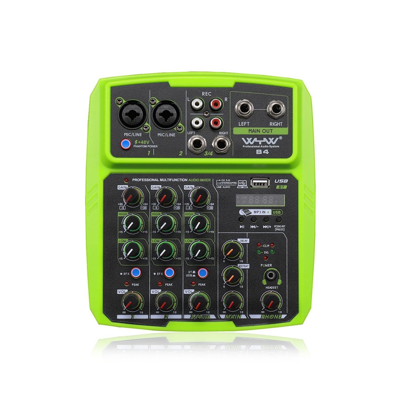 4 canales Interfaz de audio de sonido Interfaz de audio Professional Estudio Tarjeta de sonido Mezcla Mezcla Micrófono Potencia Phantom(Yellow)