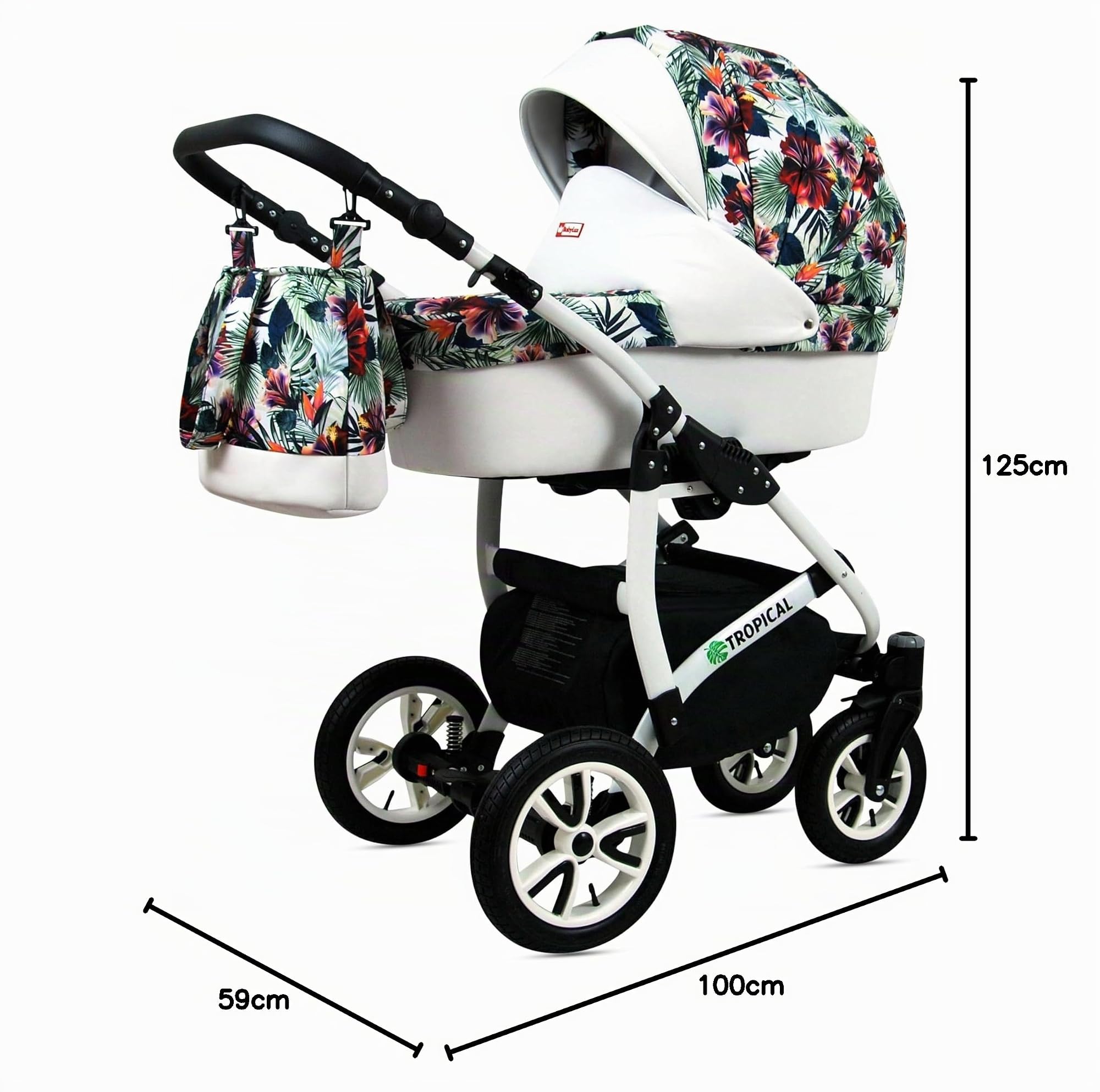 BabyLux® Bambini Passeggino Completo Set 3 in 1 - Tropical - incl. Navicella, Canna, Seggiolino Auto - Carrozzina Neonati Sistema Combinato - con Borsa fasciatoio, Copertura antipioggia ecc.