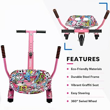 Eco-Friendly Hoverboard Seat Attachment | Colorful Printed Seat, Swivel Wheel & Adjustable Length, Fits 6.5, 8, 8.5 & 10 Hoverboards for Kids & Teens