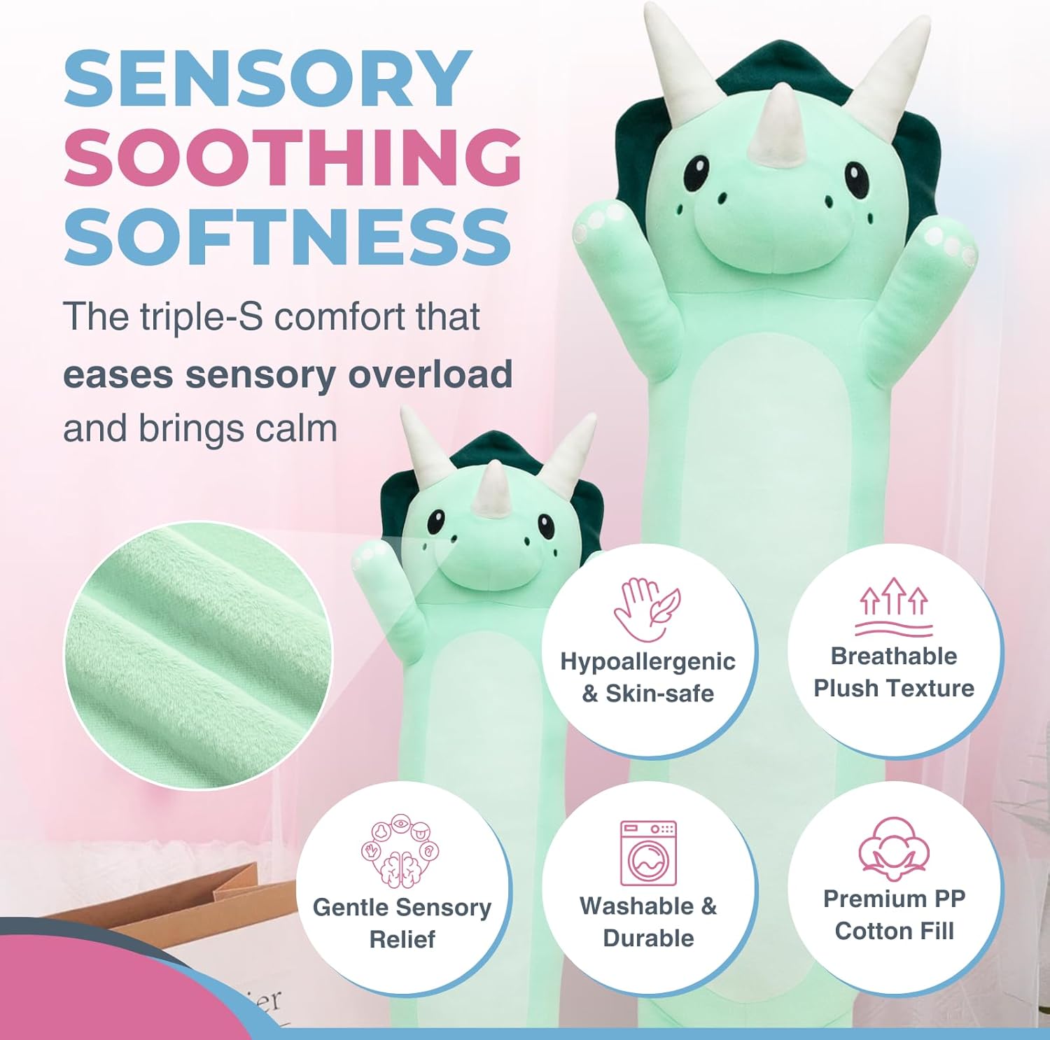 Cuddle Paws Dinosaur Plush Body Pillow for Kids | Long Stuffed Animal Cuddle Pillow | Soft Hugging Toy | Plushie Gift for Girls & Boys | Long Plush Body Pillow for Sleep & Comfort | Large, 47 Inches