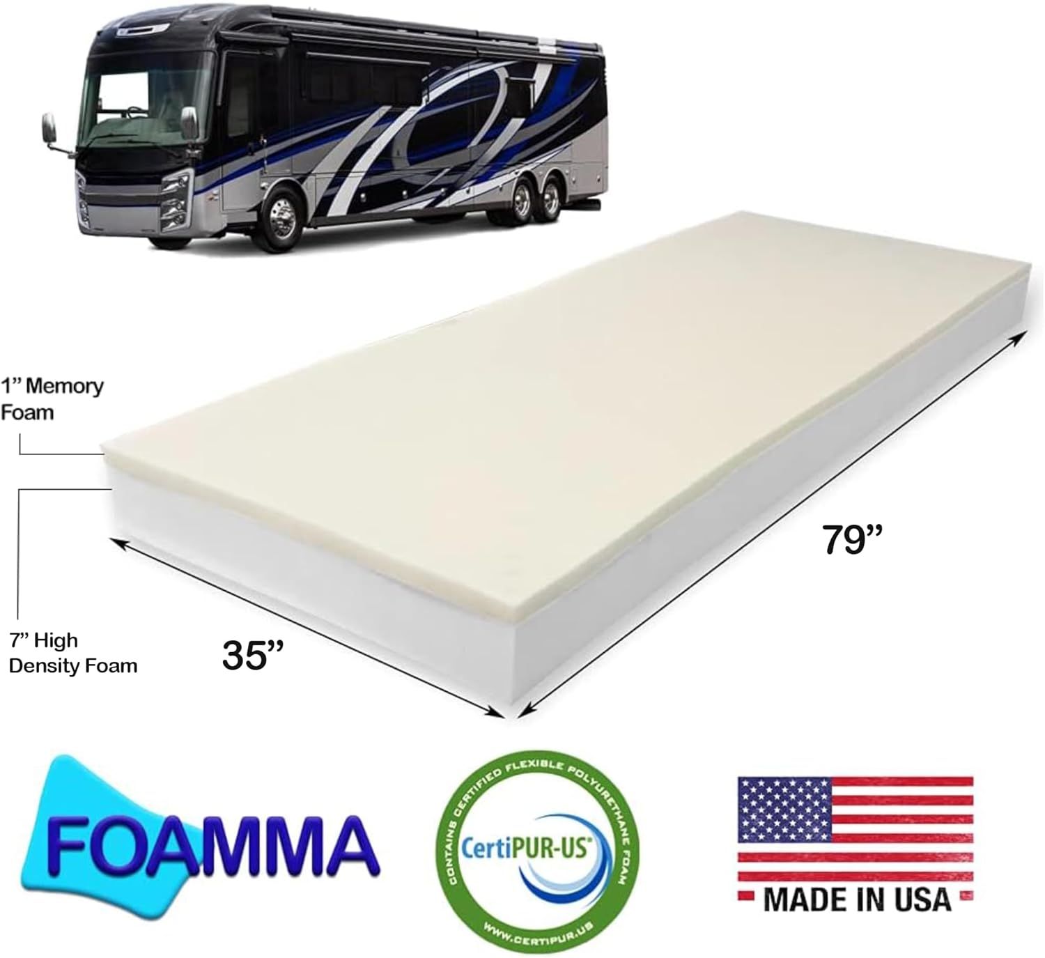 Foamma 8" x 35" x 79" Memory Foam RV Bunk Mattress Replacement, Medium Firm, Pressure Relieving, Premium Comfort, USA Made, No Cover