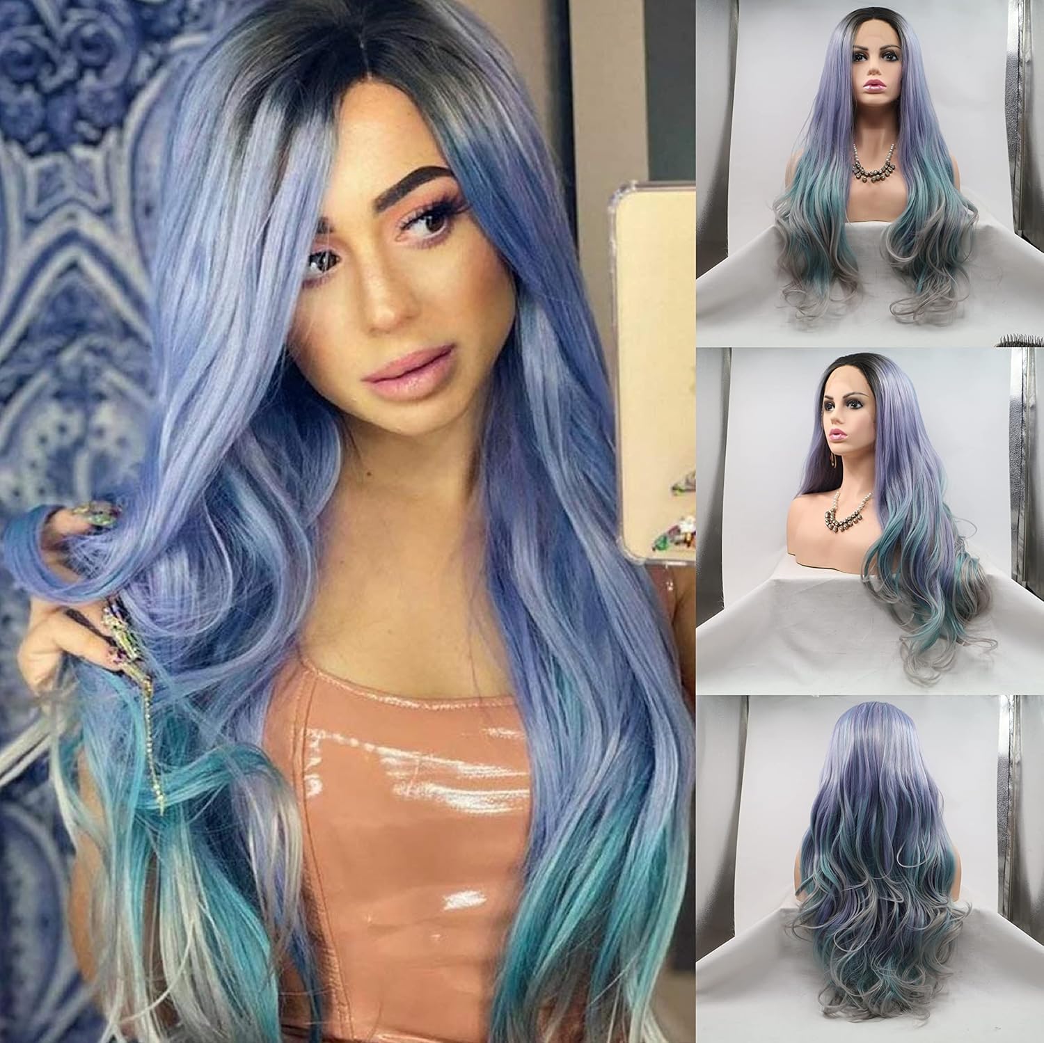 24Inches Ombre Wig Body Wave Dark Roots to Purple Blue Gray Colorful Wig Heat Resistant Synthetic Lace Front Wigs for Women Pastel Lavender Mermaid Wigs Holidays Party