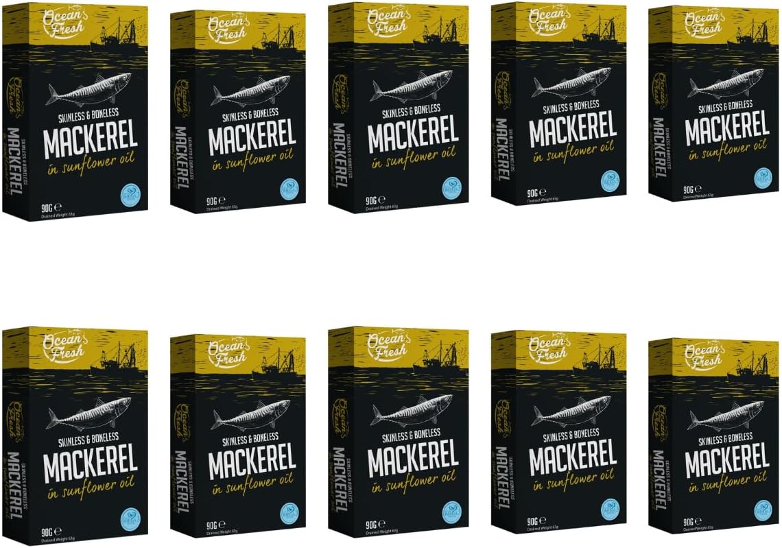 Occean Fresh 90g - Mackerel In Sunflower Oil - This Delicious Skinless & Boneless Tin Of Mackerel is The Perfect Snack Or Addition To a Meal - Pack of 10