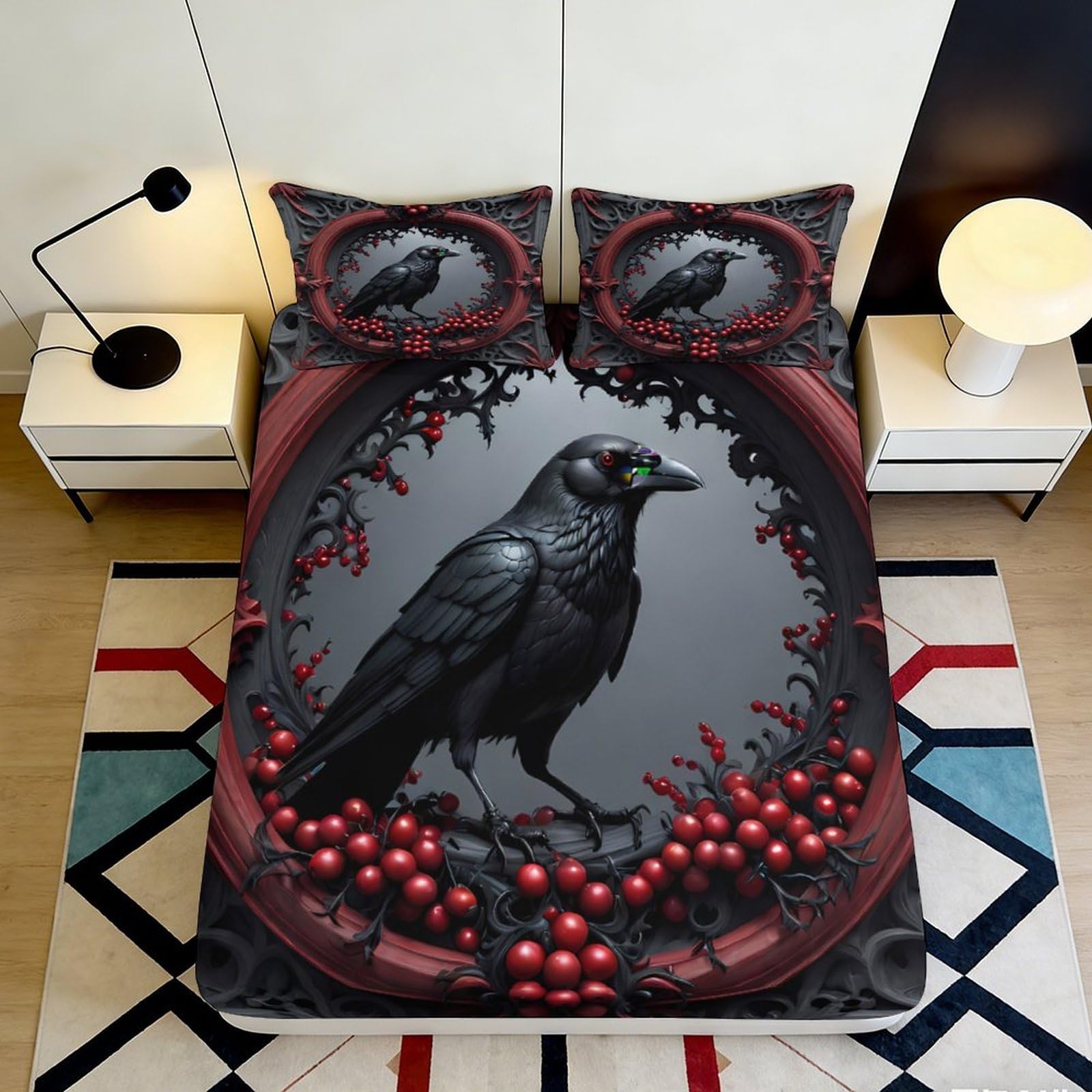 3D Printed Gothic Raven Fitted Sheet Microfiber Red Berry Mattress Cover for Bedroom Dorm Easy Care Anti-Slip Design 90x200x25cm