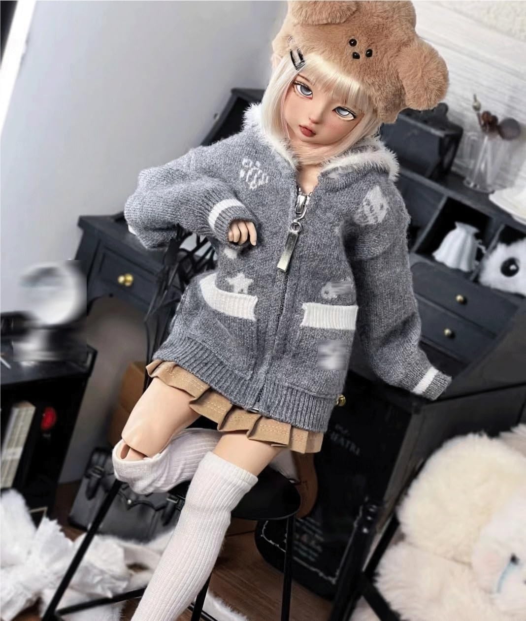1/4 BJD Doll Clothes Sweater Jacket for 45 cm Dolls Clothing BJD Doll Accessories (Clothes Only, Doll Not Included)(Gray)
