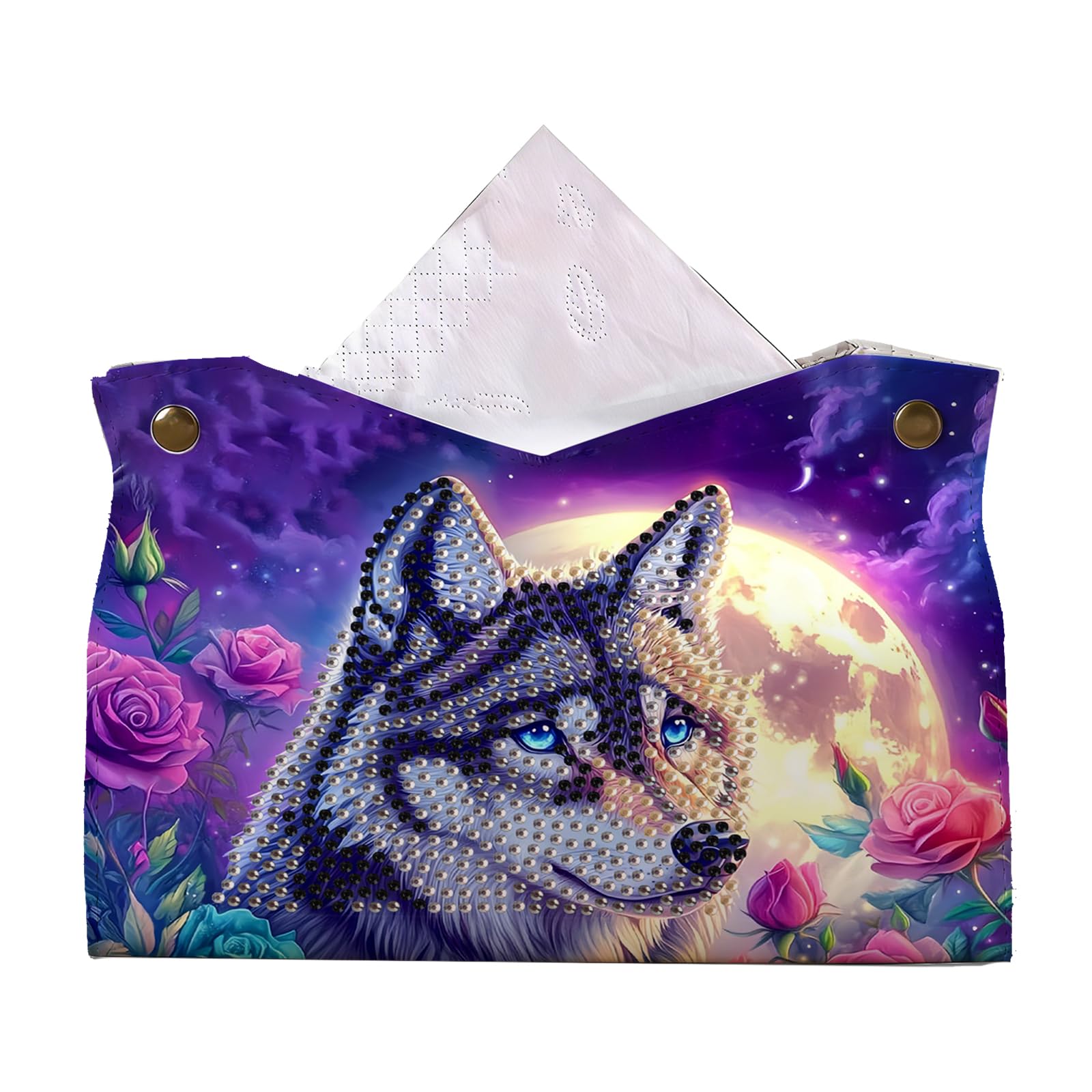 Moon Wolf DIY PU Diamond Painting Tissue Box Kit Desktop Tissue Holder with Rhinestone Diamond Desk Decorative Tissue Box for Adults Desktop Storage Organizer