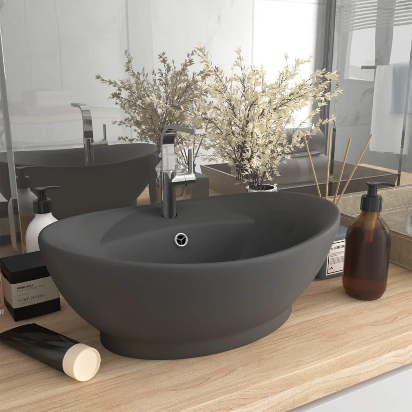ShGaxin Lavabo Lujoso con rebosadero cerámica Gris Oscuro 58,5x39 cm, Fregadero, Lavabo Baño, Lavamanos Baño, Lavatorio Casa De Banho, Mueble Lavabo sobre Encimera