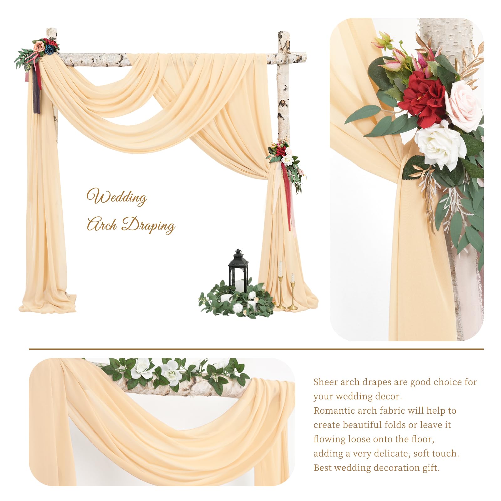 Panneaux de tissu drapé en mousseline de soie pour arche de mariage, 71,1 x 5,8 m, champagne