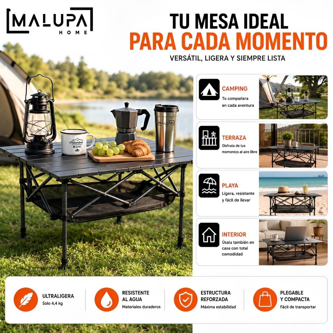 Mesa Plegable Camping, Mesa Auxiliar de 95x55 cm