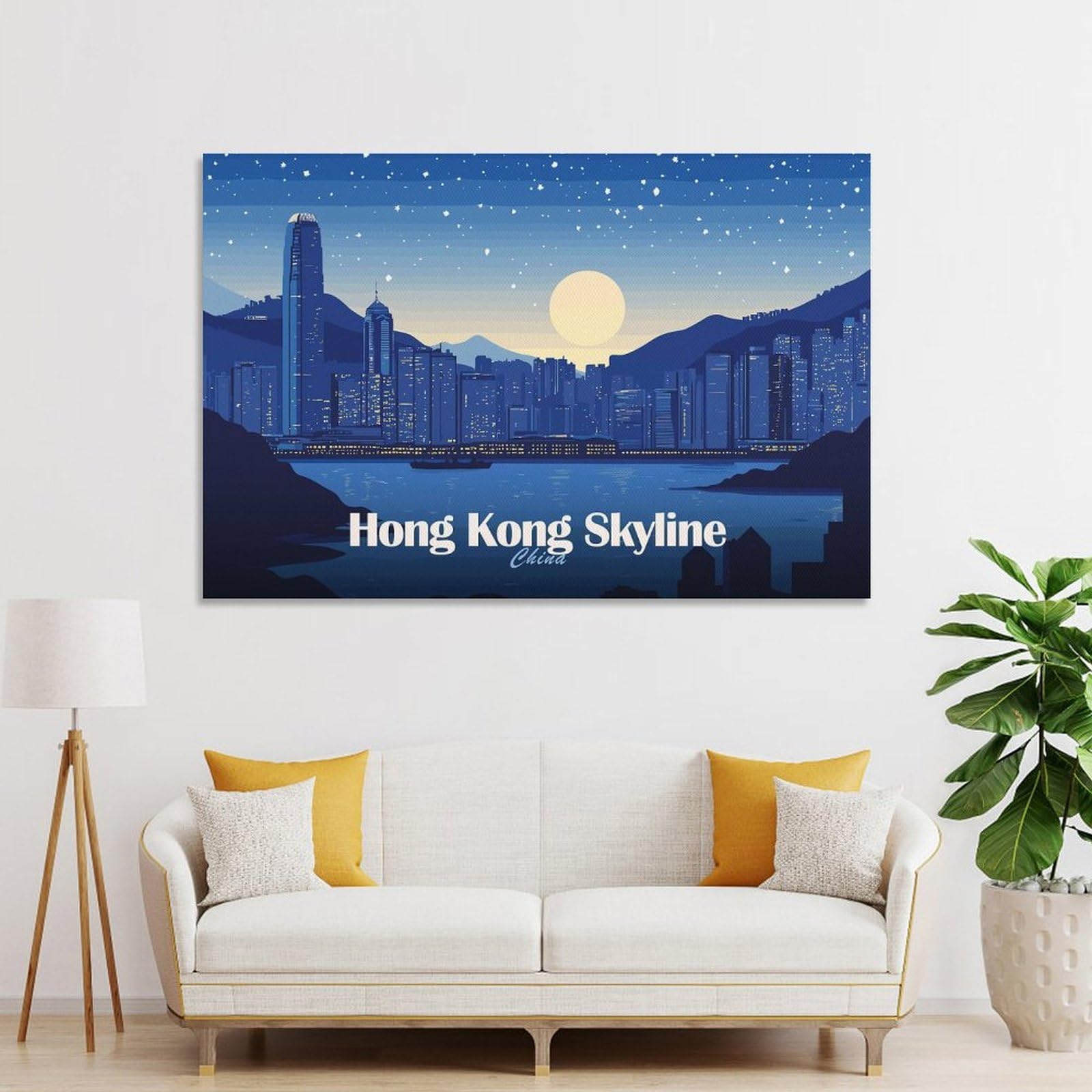 Junmoney Unframe-Style-23-1 Hong Kong Skyline At Night(2) Room Decor Wall Art, 24X36inch(60X90cm), For Living Room, Bedroom, Office Or Hallway, Decorative Artwork With Broad Appeal