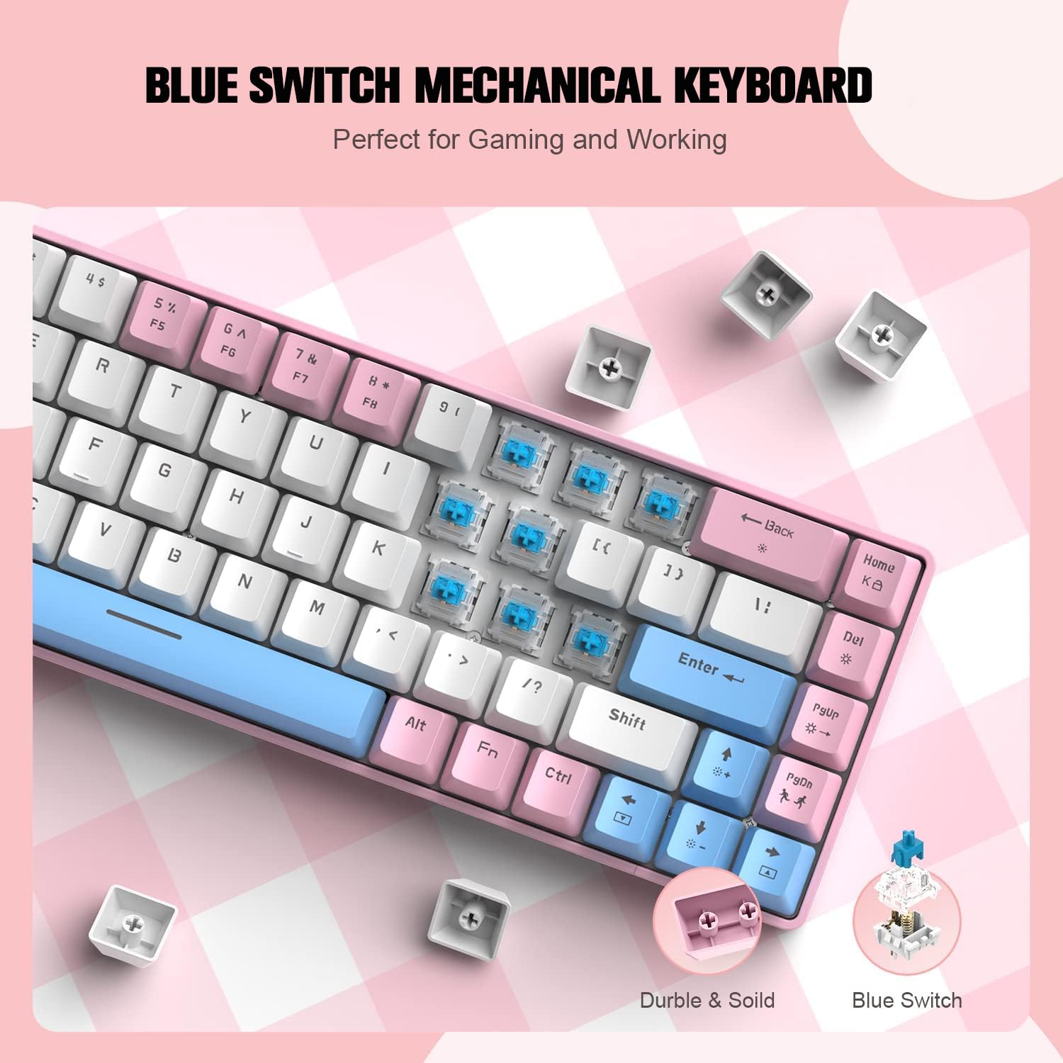 T8 RGB 60% Klawiatura Mechaniczna, Przewodowa Klawiatura do Gier 65% Compact Układ, 18 RGB Backlit, QWERTY Mini 68 Klawiszy Full Keys Anti-ghosting na PS4, Xbox, PC, Laptop, MAC - Pink/Blue Switch