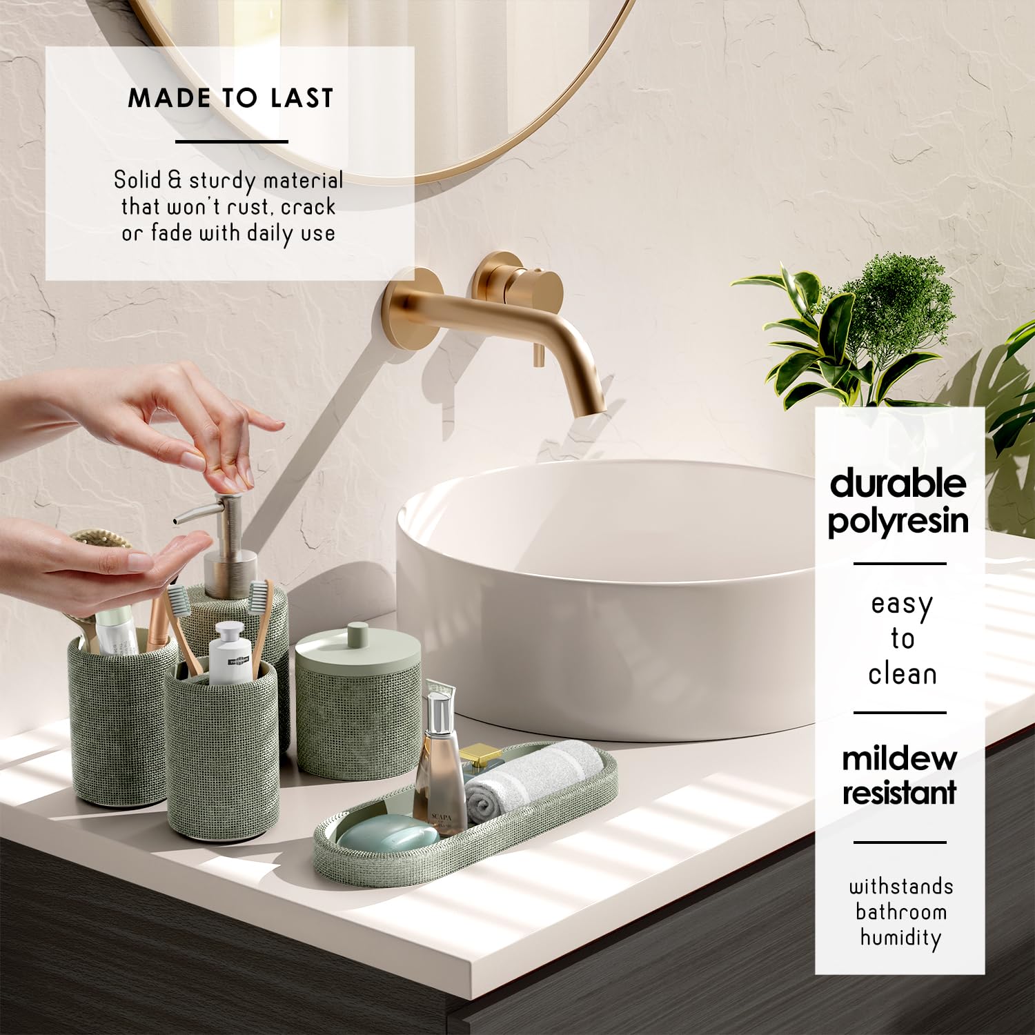 Clara Clark Juego de Accesorios de baño Verde Salvia, Juego de Accesorios de baño de 5 Piezas, Juegos de baño con dispensador de jabón, Soporte para Cepillo de Dientes, Vaso, Tarro de hisopo de